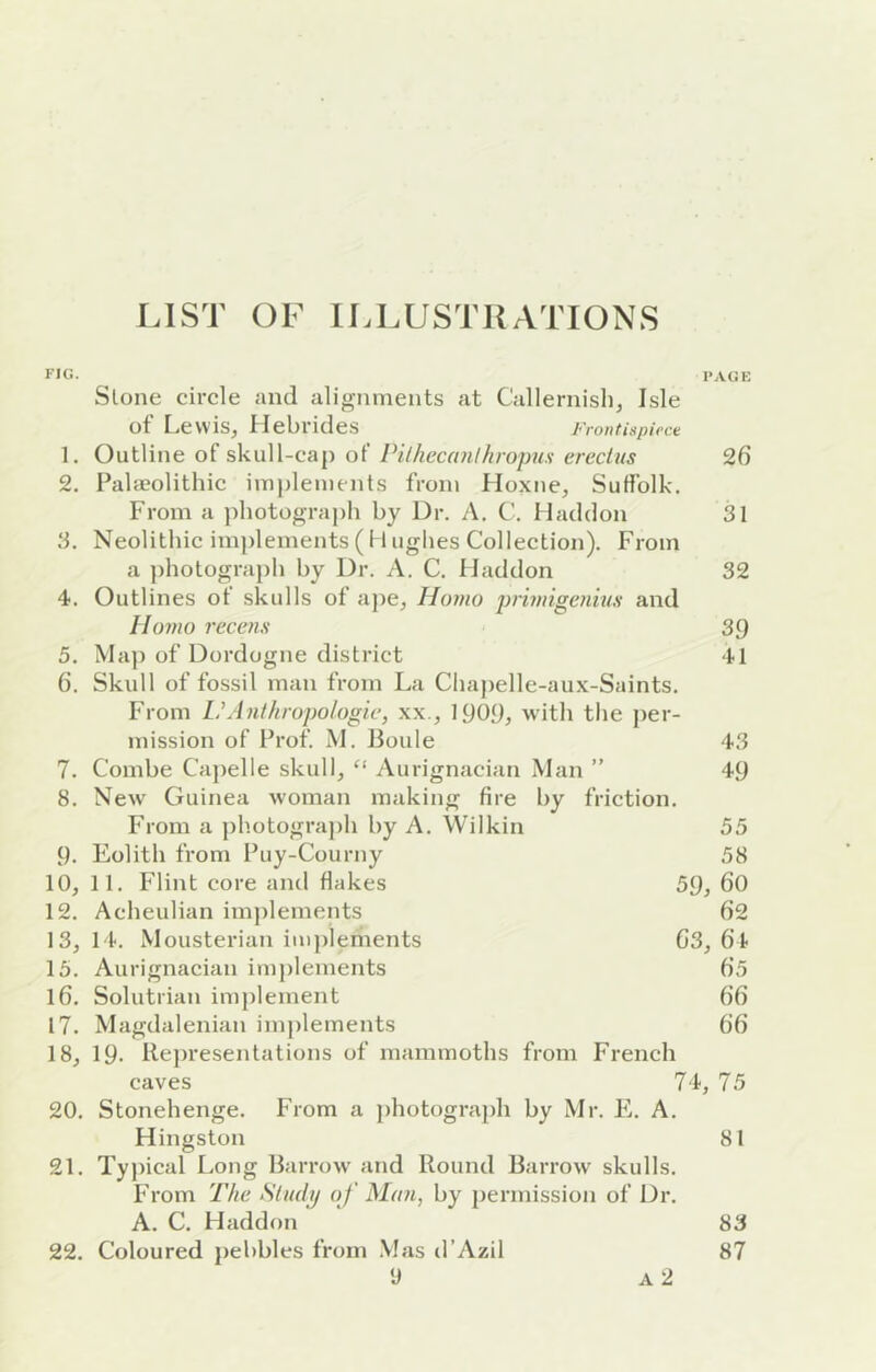 LIST OF ILLUSTRATIONS FIG. I>A(JK Slone circle and alignments at Callernish, Isle of Lewis, Hebrides Frontispiece 1. Outline of skull-cap of Pilhecunihropns erccUts 26 2. Palaeolithic implements from Hoxne, Suffolk. From a jdiotograph bj Dr. A. C. Haddon 31 3. Neolithic im|)lements ( H uglies Collection). From a ))hotograph by Dr. A. C. Haddon 32 4. Outlines of skulls of ajie, Homo primigcnius and Homo recens 30 5. Map of Dordogne district 41 6. Skull of fossil man from La Chapelle-aux-Saints. From L'Anthropologic, xx., lyoy, with the per- mission of Prof. M. Jioule 43 7. Combe Capelle skull, “ Aurignacian Man ” 49 8. New Guinea woman making fire by friction. From a jihotograph by A. Wilkin 55 9. Eolith from Puy-Courny 58 10, 11. Flint core ami flakes 59, 60 12. Acheulian implements 62 13,14. Mousterian implements 63, hi 15. Aurignacian implements 65 16. Solutrian implement 66 17. Magdalenian implements 66 18. 19- Representations of mammoths from French caves 74, 75 20. Stonehenge. From a photograph by Mr. Fk A. Hingston 81 21. Tyincal Long Harrow and Round Harrow skulls. From The Study of Man, by permission of Dr. A. C. Haddon 83 22. Coloured jiebbles from .Mas d’Azil 87 y A 2