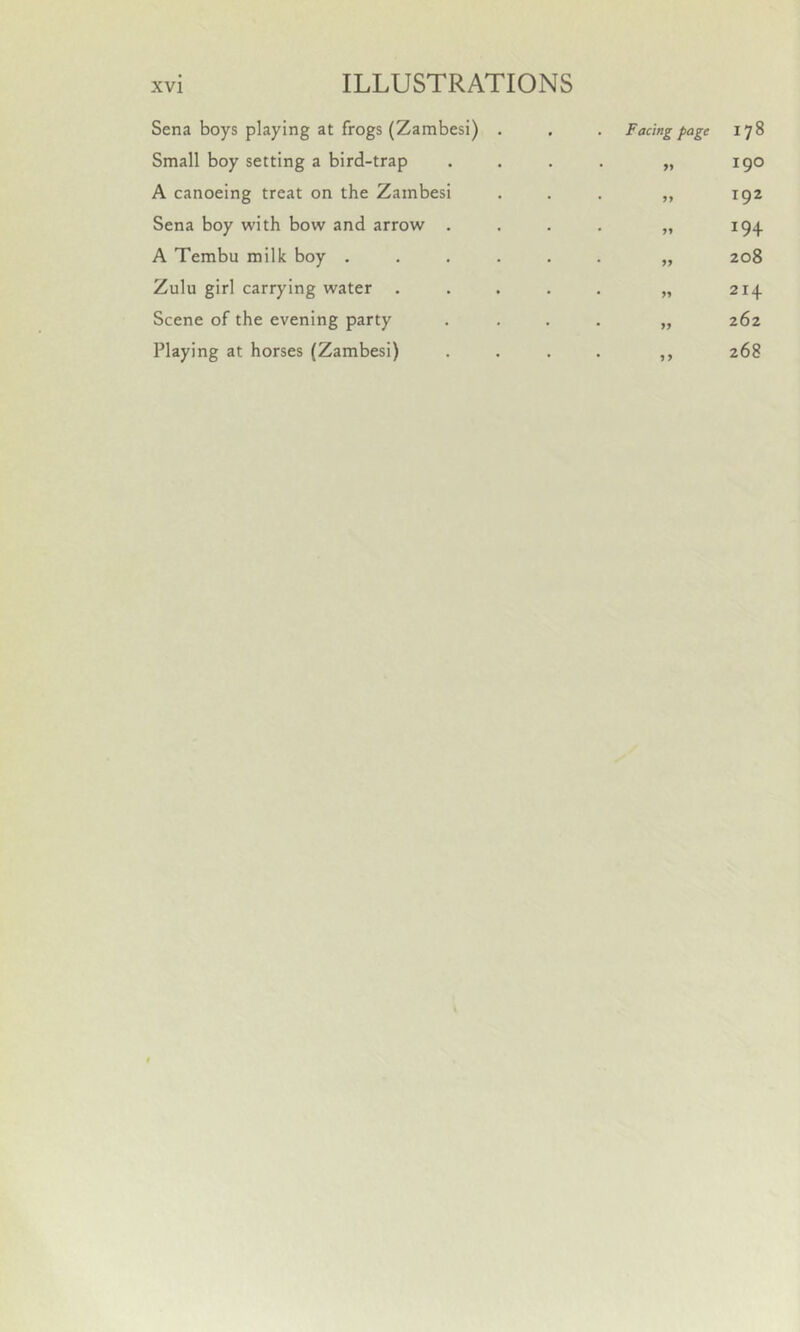 Sena boys playing at frogs (Zambesi) . • . Facing page 178 Small boy setting a bird-trap • • 99 190 A canoeing treat on the Zambesi • • 79 192 Sena boy with bow and arrow . * * 97 19+ A Tembu milk boy .... • 9 99 208 Zulu girl carrying water • ' 97 214 Scene of the evening party 9 m 99 262 Playing at horses (Zambesi) * * 99 268
