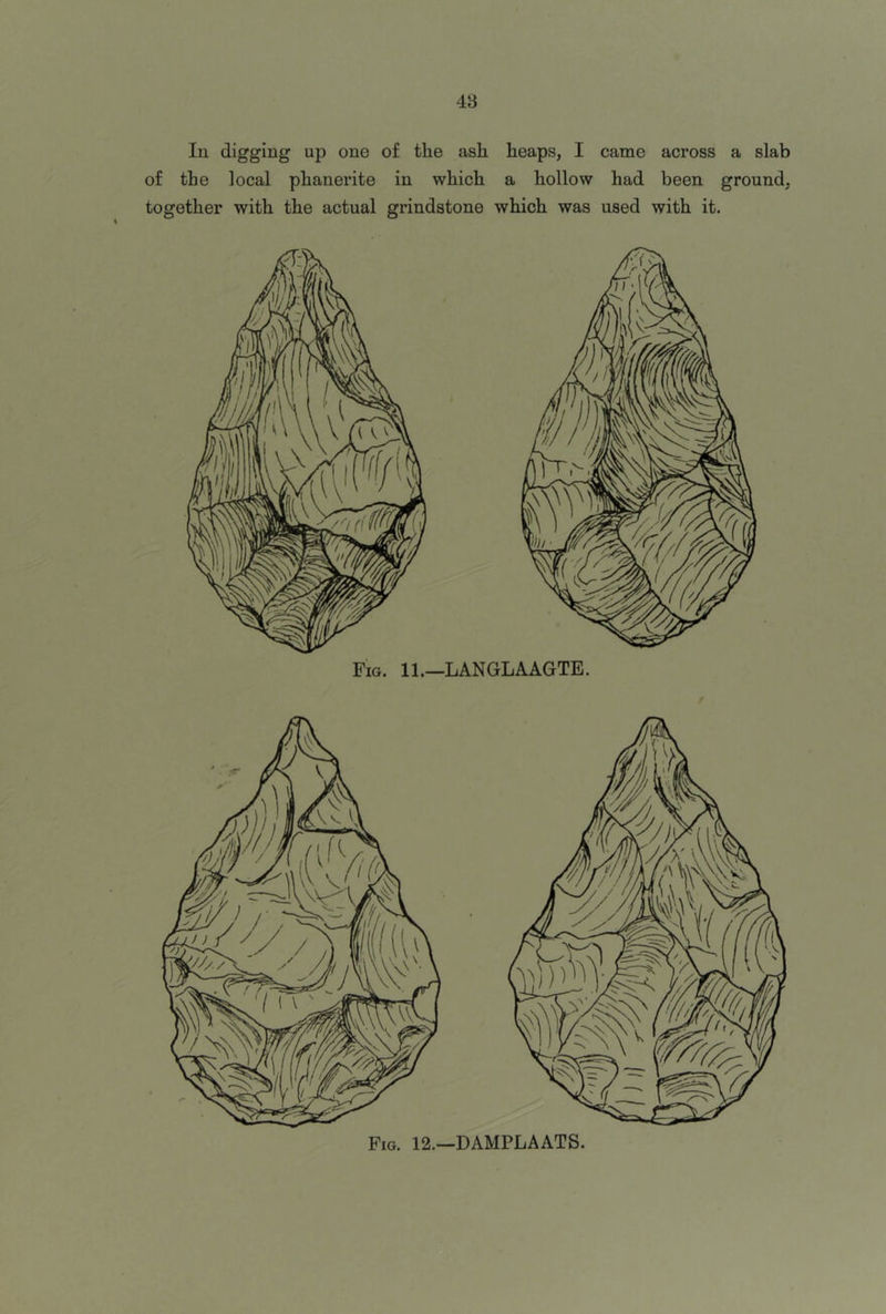 48 lu digging up one of the ash heaps, I came across a slab of the local phanerite in which a hollow had been ground, together with the actual grindstone which was used with it. Fig. 12.—DAMPLAATS.