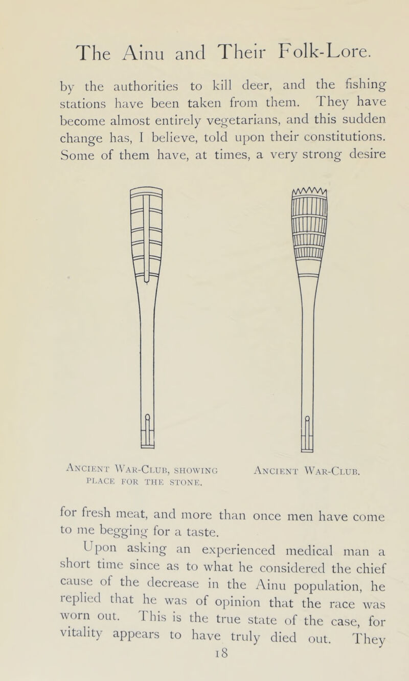 by the authorities to kill deer, and the fishing stations have been taken from them. 1 hey have become almost entirely vegetarians, and this sudden change has, I believe, told upon their constitutions. Some of them have, at times, a very strong desire Ancient War-Club, showing PLACE FOR THE STONE. lot fiesh meat, and more than once men have come to me begging for a taste. Upon asking an experienced medical man a shott time since as to what he considered the chief cause of the decrease in the Ainu population, he leplied that he was of opinion that the race was worn out. This is the true state of the case, for vitality appears to have truly died out. They