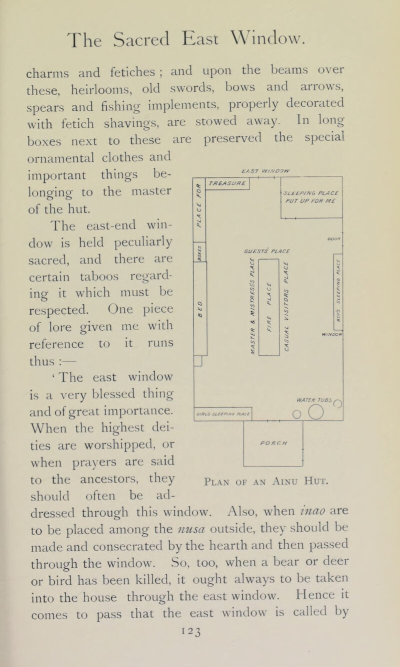 The Sacred East Window. charms and fetiches; and upon the beams over these, heirlooms, old swords, bows and arrows, spears and fishing implements, properly decorated with fetich shavings, are stowed away. In long boxes next to these are preserved the special ornamental clothes and important things be- longing to the master o o of the hut. The east-end win- dow is held peculiarly sacred, and there are certain taboos regard- ing it which must be respected. One piece of lore given me with reference to it runs thus :— 4 The east window is a very blessed thing and of great importance. When the highest dei- ties are worshipped, or when prayers are said to the ancestors, they Plan of an Ainu Hut. should often be ad- dressed through this window. Also, when inao are to be placed among the nnsa outside, they should be made and consecrated by the hearth and then passed through the window. So, too, when a bear or deer or bird has been killed, it ought always to be taken into the house through the east window. Hence it comes to pass that the east window is called by 123 LI EAST W/TJDJW i 1- TREA SURE SLEEP/NO PLACE PUT UP FOP ME GUESTS PLACE Ot/flS Pi ACL WATEK TUBS oO o PORCH