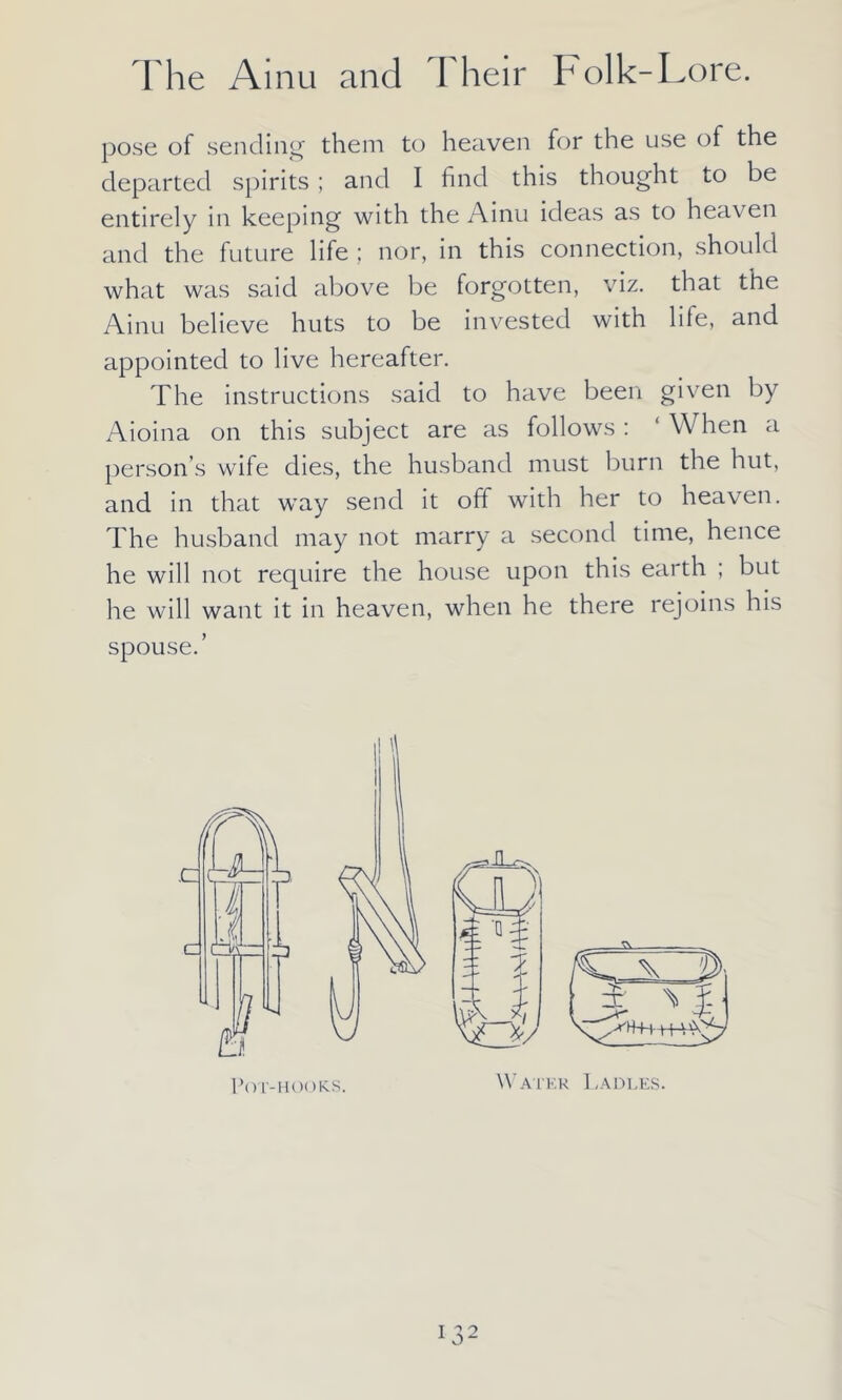 pose of sending them to heaven for the use of the departed spirits ; and I find this thought to be entirely in keeping with the Ainu ideas as to heaven and the future life ; nor, in this connection, should what was said above be forgotten, viz. that the Ainu believe huts to be invested with life, and appointed to live hereafter. The instructions said to have been given by Aioina on this subject are as follows: ‘ When a person’s wife dies, the husband must burn the hut, and in that way send it off with her to heaven. The husband may not marry a second time, hence he will not require the house upon this earth ; but he will want it in heaven, when he there rejoins his spouse.’ Water Ladles.