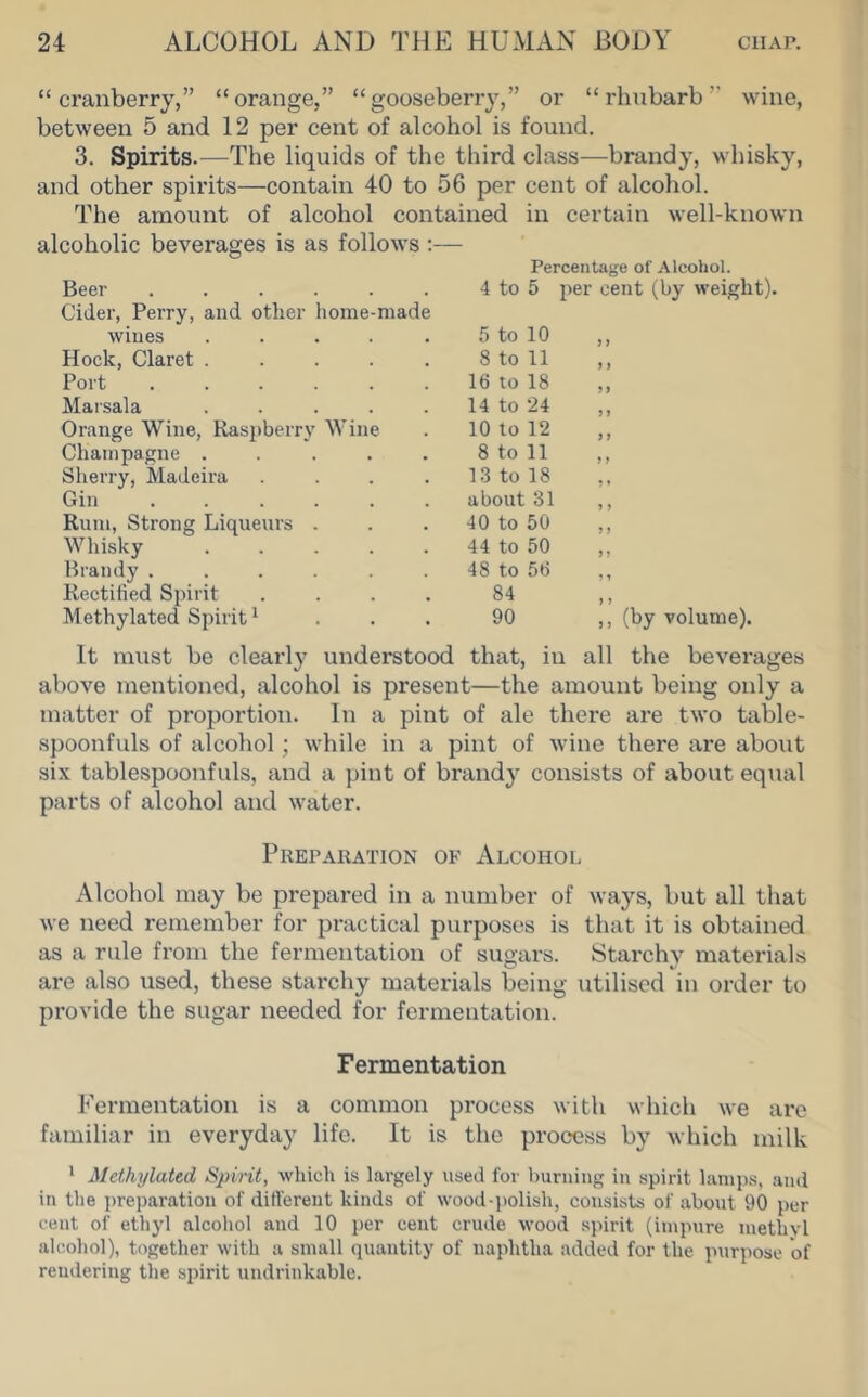 “cranberry,” “orange,” “gooseberry,” or “rhubarb” wine, between 5 and 12 per cent of alcohol is found. 3. Spirits.—The liquids of the third class—brandy, whisky, and other spirits—contain 40 to 56 per cent of alcohol. The amount of alcohol contained in certain well-known alcoholic beverages is as follows Beer Cider, Perry, and other home made Percentage of Alcohol. 4 to 5 per cent (by weight). wines .... 5 to 10 Hock, Claret .... 8 to 11 Port ..... 16 to 18 Marsala .... 14 to 24 Orange Wine, Raspberry Wine 10 to 12 Champagne .... 8 to 11 Sherry, Madeira 13 to 18 Gin ..... about 31 Rum, Strong Liqueurs . 40 to 50 Whisky .... 44 to 50 Brandy ..... 48 to 56 Rectified Spirit 84 Methylated Spirit ^ 90 (by volume). It must be clearly understood that, in all the beverages above mentioned, alcohol is present—the amount being only a matter of proportion. In a pint of ale there are two table- spoonfuls of alcohol; while in a pint of wine there are about six tablespoonfuls, and a pint of brandy consists of about equal parts of alcohol and water. Preparation of Alcohol Alcohol may be prepared in a number of ways, but all that we need remember for practical purposes is that it is obtained as a rule from the fermentation of sugars. Starchy materials are also used, these starchy materials being utilised in order to provide the sugar needed for fermentation. Fermentation Fermentation is a common process with which we are familiar in everyday life. It is the process by which milk ' Methylated Spirit, which is largely used for burning in spirit lamps, and in the preparation of ditlereut kinds of wood-polish, consists of about 90 per cent of ethyl alcohol and 10 per cent crude wood spirit (impure methvl alcohol), together with a small quantity of naphtha added for the purpose of rendering the spirit undrinkable.