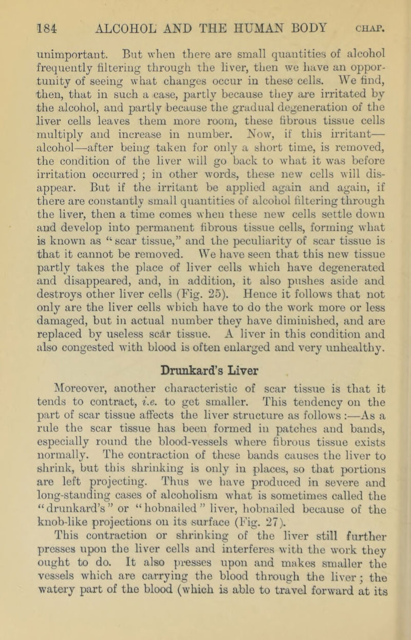 unimportant. Exit when there are small quantities of alcohol frequently filtering thi'ough the liver, tlxen we have an oppor- tunity of seeing what changes occur in these cells. We find, then, that in such a case, partly because they are irritated by the alcohol, and partly because the gradual degeneration of the liver cells leaves them more room, these fibrous tissue cells multiply and increase in number. Now, if this irritant— alcohol—after being taken for only a short time, is removed, the condition of the liver will go back to what it was before irritation occurred ; in other words, these new cells will dis- appear. But if the irritant be applied again and again, if there are constantly small quantities of alcohol filtering through the liver, then a time comes when these new cells settle down and develop into permanent fibrous tissue cells, forming what is known as “ scar tissue,” and the peculiarity of scar tissue is that it cannot be removed. We have seen that this new tissue partly takes the place of liver cells which have degenerated and disappeared, and, in addition, it also pushes aside and destroys other liver cells (Fig. 25). Hence it follows that not only are the liver cells which have to do the work more or less damaged, but in actual number they have diminished, and are replaced by useless scflr tissue. A liver in this condition and also congested with blood is often enlarged and very unhealthy. Drunkard’s Liver Moreover, another characteristic of scar tissue is that it tends to contract, i.e. to get smaller. This tendency on the part of scar tissue affects the liver structure as follows :—As a rule the scar tissue has been foi-med in patches and bands, especially round the blood-vessels where fibrous tissue exists normally. The contraction of these bands causes the liver to shrink, but this shrinking is only in places, so that portions are left projecting. Thus we have produced in severe and long-standing cases of alcoholism what is sometimes called the “drunkard’s” or “hobnailed” liver, hobnailed because of the knob-like projections on its surface (Fig. 27). This contraction or shrinking of the liver still further presses upon the liver cells and interferes with the work they ought to do. It also pi-esses upon and makes smaller the vessels which are carrying the blood through the liver; the watery part of the blood (which is able to travel forward at its
