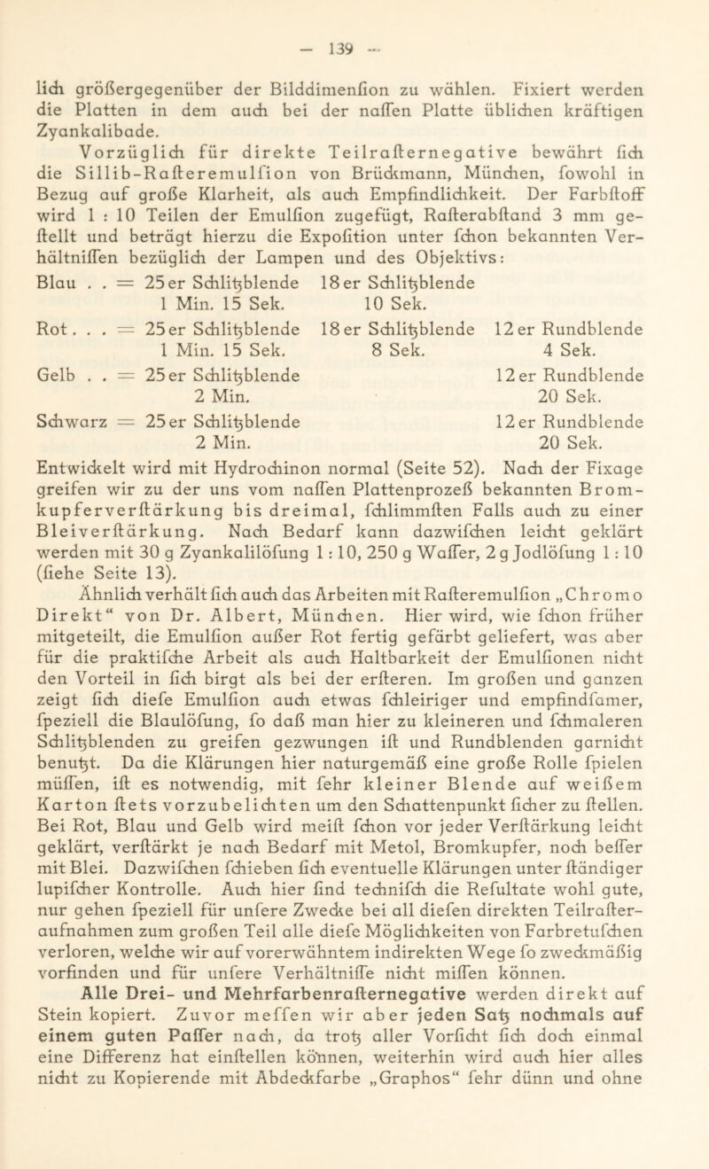 lieh größergegenüber der Bilddimenfion zu wählen. Fixiert werden die Platten in dem auch bei der nafTen Platte üblichen kräftigen Zyankalibade. Vorzüglich für direkte Teilrafternegative bewährt lieh die Sillib-Rafteremuliion von Brückmann, Mündien, fowohl in Bezug auf große Klarheit, als auch Empfindlichkeit. Der FarbflofF wird 1 : 10 Teilen der Emulfion zugefügt, Rafterabftand 3 mm ge- ftellt und beträgt hierzu die Expofition unter fchon bekannten Ver- hältnifTen bezüglich der Lampen und des Objektivs: Blau . . — 25 er Schlifiblende 18 er Schlifiblende 1 Min. 15 Sek. 10 Sek. Rot. . . = 25er Schlifiblende 1 Min. 15 Sek. 18 er Schlifiblende 12 er Rundblende 8 Sek. 4 Sek. Gelb . . = 25 er Schlifiblende 2 Min. 12 er Rundblende 20 Sek. Schwarz = 25 er Schlifiblende 2 Min. 12 er Rundblende 20 Sek. Entwickelt wird mit Hydrochinon normal (Seite 52). Nach der Fixage greifen wir zu der uns vom nahen Plattenprozeß bekannten Brom- kupferverftärkung bis dreimal, fchlimmften Falls auch zu einer Bleiverftärkung. Nach Bedarf kann dazwifchen leicht geklärt werden mit 30 g Zyankalilöfung 1:10, 250 g Waffer, 2 g Jodlöfung 1:10 (liehe Seite 13). Ähnlich verhält lieh auch das Arbeiten mit Ralteremulfion „ C h r o m o Direkt“ von Dr. Albert, München. Hier wird, wie fchon früher mitgeteilt, die Emulfion außer Rot fertig gefärbt geliefert, was aber für die praktifche Arbeit als auch Haltbarkeit der Emulfionen nicht den Vorteil in lieh birgt als bei der erlteren. Im großen und ganzen zeigt lieh diefe Emulfion auch etwas fchleiriger und empfindfamer, fpeziell die Blaulöfung, fo daß man hier zu kleineren und fchmaleren Schlifiblenden zu greifen gezwungen ift und Rundblenden garnicht benufit. Da die Klärungen hier naturgemäß eine große Rolle fpielen mülfen, ift es notwendig, mit fehr kleiner Blende auf weißem Karton ftets vorzubelichten um den Schattenpunkt lieber zu Hellen. Bei Rot, Blau und Gelb wird meilT fchon vor jeder Verftärkung leicht geklärt, verftärkt je nach Bedarf mit Metol, Bromkupfer, noch belfer mit Blei. Dazwifchen fchieben lieh eventuelle Klärungen unter ftändiger lupifcher Kontrolle. Auch hier find technifch die Refultate wohl gute, nur gehen fpeziell für unfere Zwecke bei all diefen direkten Teilrafter- aufnahmen zum großen Teil alle diefe Möglichkeiten von Farbretufchen verloren, welche wir auf vorerwähntem indirekten Wege fo zweckmäßig vorfinden und für unfere Verhältnilfe nicht milfen können. Alle Drei- und Mehrfarbenrafternegative werden direkt auf Stein kopiert. Zuvor meffen wir aber jeden Safi nochmals auf einem guten Paffer nadi, da trofi aller Vorficht fich doch einmal eine Differenz hat einftellen kö’nnen, weiterhin wird auch hier alles nicht zu Kopierende mit Abdeckfarbe „Graphos“ fehr dünn und ohne
