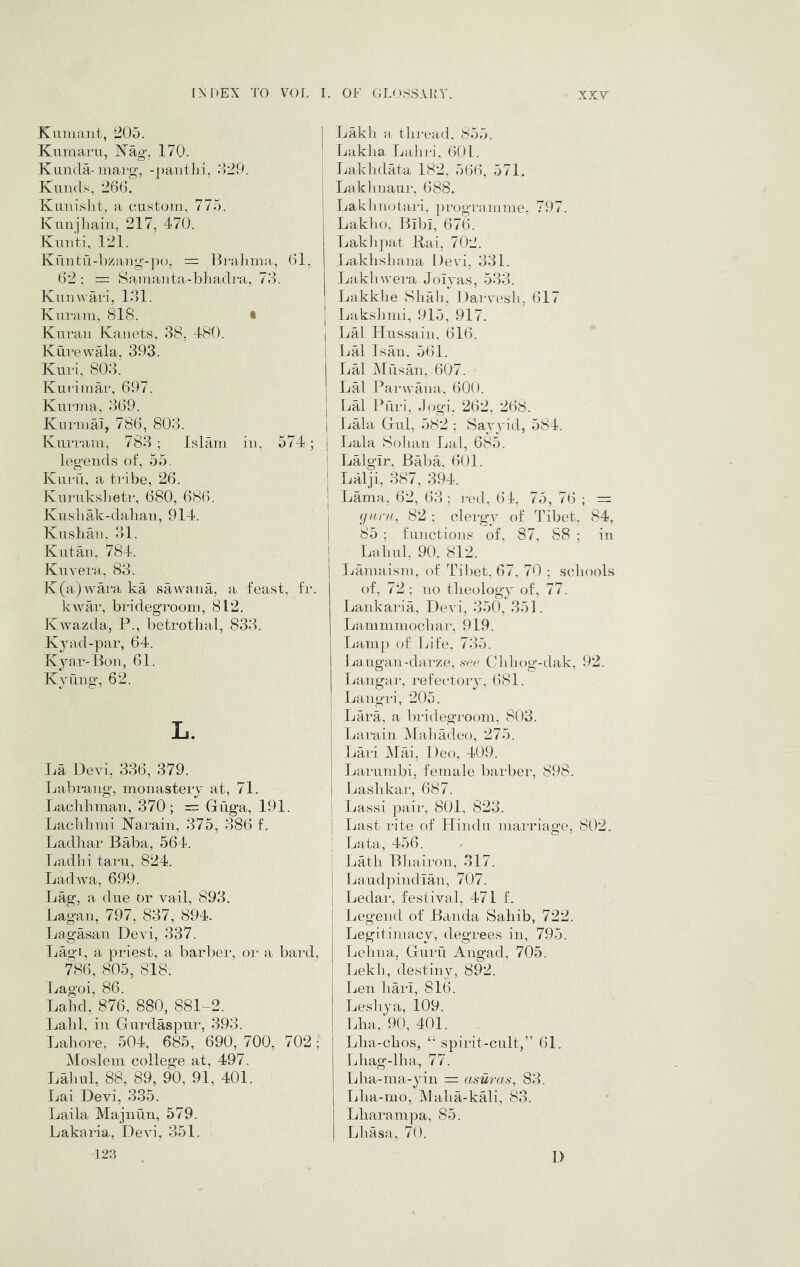 Kiiiiiant, 205. Kiimarn, iSTag, 170. KLinda-niarg, -j)antlii, 229. Knuds, 2m] Knuisbt, a custom, 775. Kniijliain, 217, 470. Knnti, 121. Kfmtfid)zai]g-p(), = Brahma, <)1, (52 : = tSamanta-bliadi-a, 73. Knnwari, 131. Kuram, SlcS. • Knran Kanets, 38, 480. Kurewala, 393. Knri, 803. Kui imar, 697. Knrma, 369. Kurmai, 786, 803. Kurram, 783 ; Islam in, 574; legends of, 55. Kiirfi, a ti-ibe, 26. Kurnkslietr, 680, 686. Kusliak-dahan, 914. Kush an. 31. Kutan, 784. Kuvera, 83. K(a)vvai‘a ka sawana, a feast, fr. kwar, bridegroom, 812. Kwazda, P., betrothal, 833. Kjad-par, 64. K^mr-Bon, 61. Kyilng, 62. L. La Devi. 336, 379. Labrang, monastery at, 71. Lachhman, 370; = Grilga, 191. Lachhmi Karaiii, 375, 386 f. Ladhar Baba, 564. Ladhi tarn, 824. Ladwa, 699. Lag, a due or vail, 893. Lagan, 797, 837, 894. Lagasau Devi, 337. Ijagi, a priest, a barbei:, or a bard, 786, 805, 818. Lagoi, 86. Lahd, 876, 880, 881-2. Lahl, in Gurdaspur, 393. Lahore, 504, 685, 690, 700, 702; Moslem college at, 497. LMinl, 88, 89, 90, 91, 401. Lai Devi, 335. Lai la Majnun, 579. Lakaria, Devi, 351. 123 Lakh a thi’ead. it'55. Lakha Ltiliri, 601. Lakhdata 182, 56(5, 571. Lakhnaur, 688. j Laklinotari, programme. 797. Lakho, Bibi, 676. Laklipat K-ai, 702. Lakhshana Devi, 331. Laklnvera Joivas, 533. Lakkhe Shall. Darvesli, 617 • Lakshmi, 915, 917. I Lai Hussain, 616. i LM Isan. 561. Lai Mfisan. 607. Lai Parwaiia, 600. I Lai Ptiri, -logi. 2(52, 268. I Lala Gul, 582 ; Sayyid, 584. Lahl Solian Lai, 685. Lalgir, Baba, 601. Lalji, 387, 394. Lama, 62, 63; red, 61, 75, 7(5 ; = I 82 ; clerg-y of Tibet. 84, I 85 ; functions of, 87, 88 ; in j Ijahiil, 90. 812. I Lamaism, of Tiliet, 67, 70 ; schools of, 72 ; no theology of, 77. Lankaria, Devi, 350, 351. Lammmochar, 919. Lamp of Life, 735. Laiigan-darze, see Chliog-dak, 92. Langar, refectorv, 681. Langri, 205. Lara, a bridegroom, 803. Ijarain iVlahadeo, 275. ]jari i\Iai, Deo, 409. Larumbi, female barber, 898. Lashkar, 687. Lassi pair, 801, 823. Last I'ite of Hindu marriage, 802. Lata, 456. Lath Bliairoii, 317. Laudpindian, 707. Ledar, festival, 471 f. Legend of Banda Sahib, 722. Legitimacy, degrees in, 795. Lehna, Guru Angad, 705. Lekh, destiny, 892. Len hari, 81(5. Leshya, 109. Lha, 90, 401. Lha-chos, spirit-cult,” 61. Lhag-lha, 77. Lha-ma-yin = asuras^ 83. Lha-nio, Maha-kMi, 83. Lharampa, 85. Lhasa, 70. 1)