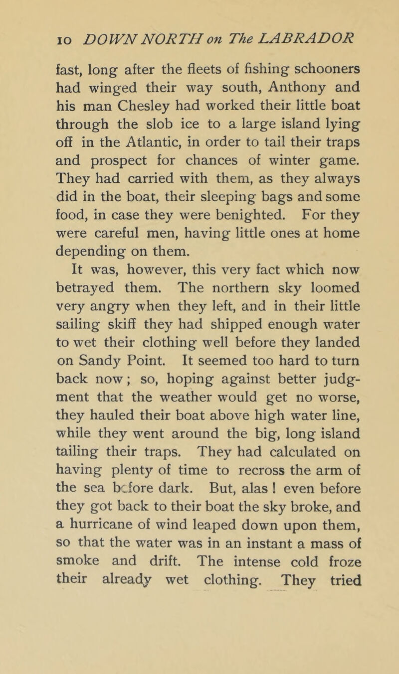 fast, long after the fleets of fishing schooners had winged their way south, Anthony and his man Chesley had worked their little boat through the slob ice to a large island lying off in the Atlantic, in order to tail their traps and prospect for chances of winter game. They had carried with them, as they always did in the boat, their sleeping bags and some food, in case they were benighted. For they were careful men, having little ones at home depending on them. It was, however, this very fact which now betrayed them. The northern sky loomed very angry when they left, and in their little sailing skiff they had shipped enough water to wet their clothing well before they landed on Sandy Point. It seemed too hard to turn back now; so, hoping against better judg- ment that the weather would get no worse, they hauled their boat above high water line, while they went around the big, long island tailing their traps. They had calculated on having plenty of time to recross the arm of the sea before dark. But, alas 1 even before they got back to their boat the sky broke, and a hurricane of wind leaped down upon them, so that the water was in an instant a mass of smoke and drift. The intense cold froze their already wet clothing. They tried