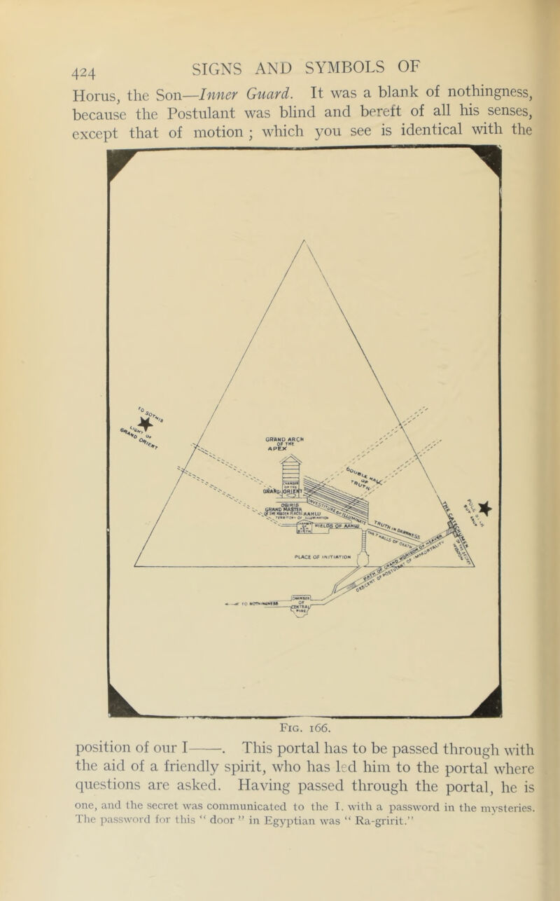 HoruSj the Son—Inuev Guavd. It was a blank of nothingness, because the Postulant was blind and bereft of all his senses, except that of motion ; which you see is identical with the position of our I . This portal has to be passed through with the aid of a friendly spirit, who has led him to the portal where questions are asked. Having passed through the portal, he is one, and the secret was communicated to the I. with a password in the mysteries. Ihe password for tliis “ door ” in Egyptian was “ Ra-gririt.”