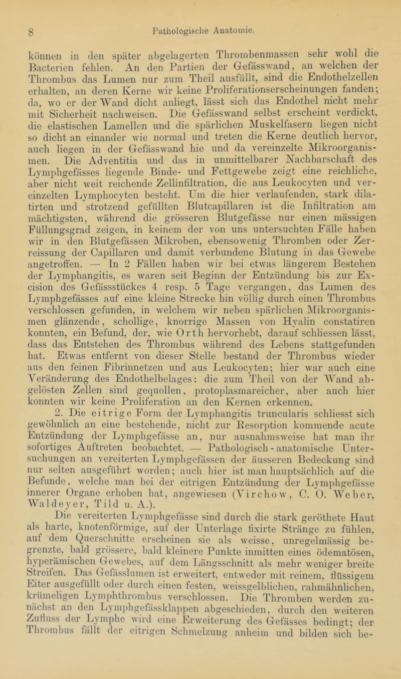 können in den später abgelagerten Tliroinbenmassen sehr wohl die Bacterien fehlen. An den Partien der Gefässwand, an welchen der Thrombus das Lumen nur zum Theil ausfüllt, sind die Endothelzellen erhalten, an deren Kerne wir keine Proliferationserscheinungen fanden; da, wo er der Wand dicht anliegt, lässt sich das Endothel nicht mehr mit Sicherheit nachweisen. Die Gefässwand selbst erscheint verdickt, die elastischen Lamellen und die spärlichen Muskelfasern liegen nicht so dicht an einander wie normal und treten die Kerne deutlich hervor, auch liegen in der Gefässwand hie und da vereinzelte Mikroorganis- men. Die Adventitia und das in unmittelbarer Nachbarschaft des Ijymphgefässes liegende Binde- und Fettgewebe zeigt eine reichliche, aber nicht weit reichende Zellinfiltration, die aus Leukocyten und ver- einzelten Lymphocyten besteht. Um die hier verlaufenden, stark dila- tirten und strotzend gefüllten Blutcapillaren ist die Infiltration am mächtigsten, während die grösseren Blutgefässe nur einen massigen Fiillungsgrad zeigen, in keinem der von uns untersuchten Fälle haben wir in den Blutgefässen Mikroben, ebensowenig Thromben oder Zer- reissung der Capillaren und damit verbundene Blutung in das Gewebe angetroffen. — In 2 Fällen haben wir bei etwas längerem Bestehen der Lymphangitis, es waren seit Beginn der Entzündung bis zur Ex- cision des Gefässstückes 4 resp. 5 Tage vergangen, das Lumen des Lymphgefässes auf eine kleine Strecke hin völlig durch einen Thrombus verschlossen gefunden, in welchem wir neben spärlichen Mikroorganis- men glänzende, schollige, knorrige Massen von Hyalin constatiren konnten, ein Befund, der, wie Orth hervorhebt, darauf schliessen lässt, dass das Entstehen des Thrombus während des Lebens stattgefunden hat. Etwas entfernt von dieser Stelle bestand der Thrombus wieder aus den feinen Fibrinnetzen und aus Leukocyten; hier war auch eine Veränderung des Endothelbelages: die zum Theil von der AV^and al)- gelösten Zellen sind gequollen, protoplasmareicher, aber auch hier konnten wir keine Proliferation an den Kernen erkennen. 2. Die eitrige Form der Lymphangitis truncularis schliesst sich gewöhnlich an eine bestehende, nicht zur Pesoiqhion kommende acute Entzündung der Lymphgefässe an, nur ausnahmsweise hat man ihr sofortiges Auftreten beobachtet. — Pathologisch - anatomische Unter- suchungen an vereiterten Lymphgefässen der äusseren Bedeckung sind nur selten ausgeführt worden; auch hier ist man hauptsächlich auf die Befunde, welche man bei der eitrigen Entzündung der Lymphgefässe innerer Organe erhoben hat, angewiesen Wirchow, C. 0. Weber, AValdeyer, Ti Id u. A.). Die vereiterten Lymphgefässe sind durch die stark geröthete Haut als harte, knotenförmige, auf der Unterlage fixirte Stränge zu fühlen, auf dem Querschnitte erscheinen sie als weisse, unregelmässig be- grenzte, bald grössere, bald kleinere Punkte inmitten eines ödematösen, hyperämischen Gewebes, auf dem Längsschnitt als mehr weniger breite Streifen. Das Gefässlumen ist erweitert, entweder mit reinem, flüssigem Eiter ausgefüllt oder durch einen festen, weissgelblichen, rahmähnlichen, kiümeligen Ljmphthrombus verschlossen. Die Thromben werden zu- nächst an den L^m})hgefässklappen abgeschieden, durch den weiteren Zufluss der Lymphe wird eine Erweiterung des Gefässes bedingt; der Thrombus fällt der eitrigen Schmelzung anheim und bilden sicli be-