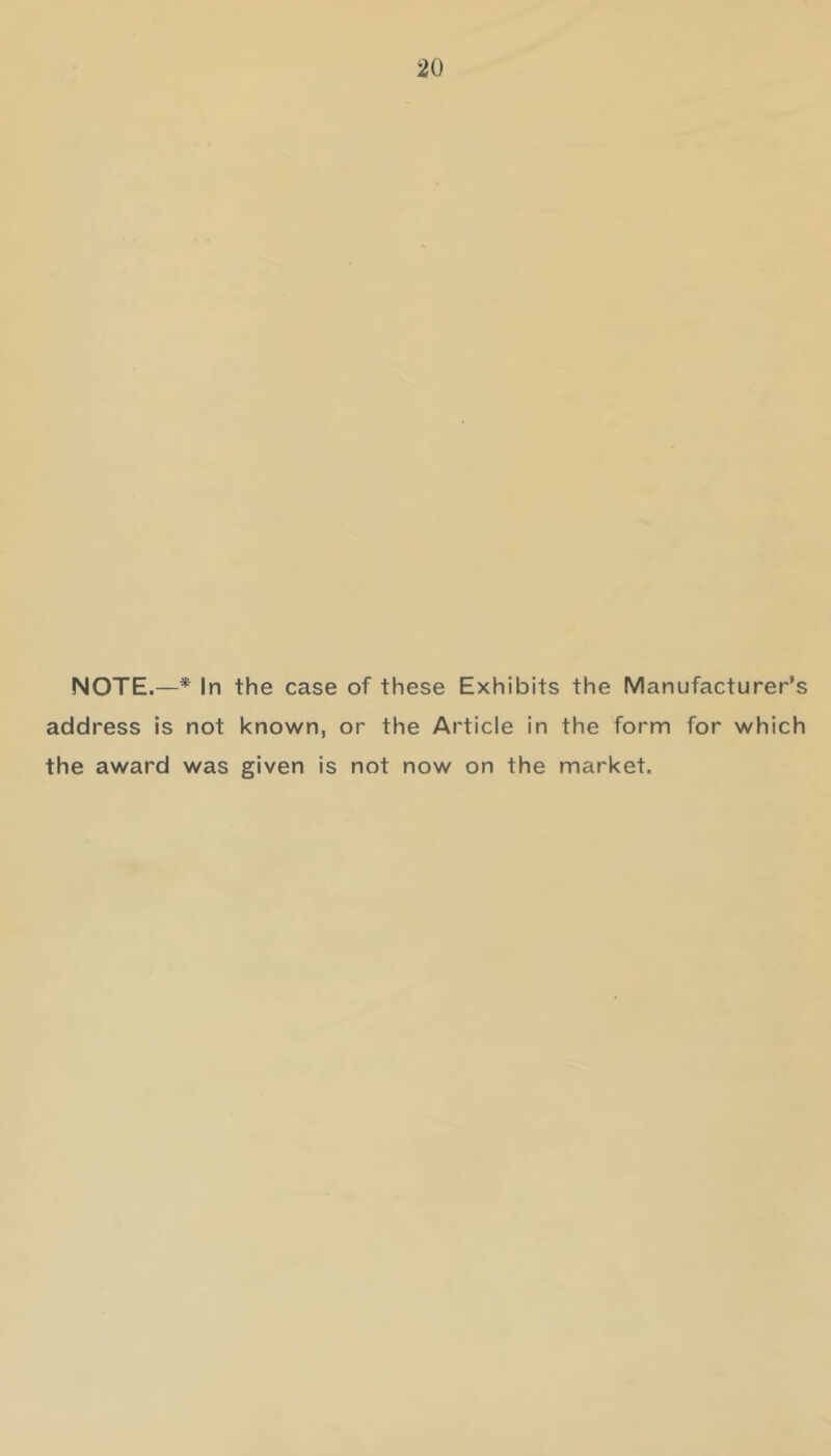 NOTE.—* In the case of these Exhibits the Manufacturer’s address is not known, or the Article in the form for which the award was given is not now on the market.