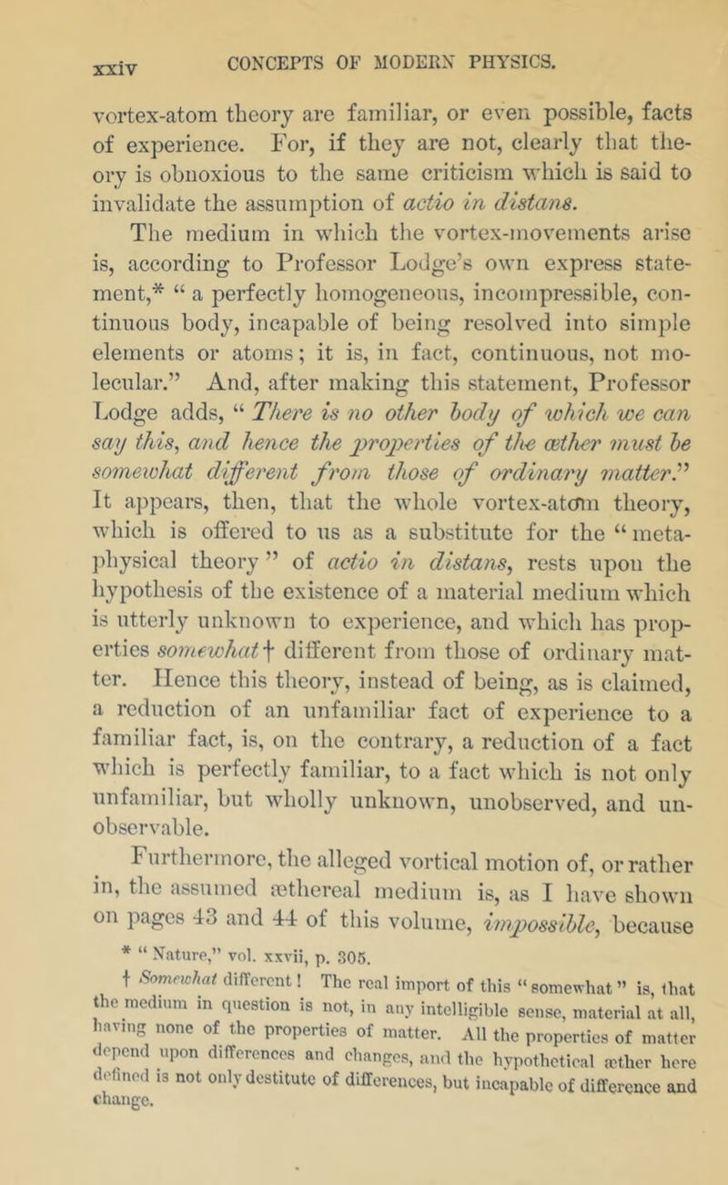 vortex-atom theory are familiar, or even possible, facts of experience. For, if they are not, clearly that the- ory is obnoxious to the same criticism which is said to invalidate the assumption of actio in distans. The medium in which the vortex-movements arise is, according to Professor Lodge’s own express state- ment,* “ a perfectly homogeneous, incompressible, con- tinuous body, incapable of being resolved into simple elements or atoms; it is, in fact, continuous, not mo- lecular.” And, after making this statement. Professor Lodge adds, “ There is no other body of lohieh we can say this, and hence the j^rojyerties of the aether must he somewhat different from those of ordinary matter^ It appears, then, that the whole vortex-atcmi theory, which is offered to us as a substitute for the “ meta- ])hysical theory ” of actio in distans, rests upon the hypothesis of the existence of a material medium which is utterly unknown to experience, and which has prop- erties somewhat \ different from those of ordinary mat- ter. Hence this theory, instead of being, as is claimed, a reduction of an unfamiliar fact of experience to a familiar fact, is, on the contrary, a reduction of a fact which is perfectly familiar, to a fact which is not only unfamiliar, but wholly unknown, unobserved, and un- observable. Furthermore, the alleged vortical motion of, or rather in, the assumed a3thereal medium is, as I have shown on pages 43 and 44 of this volume, impossible, because * “ Nature,” vol. xxvii, p. 305. f Sometchai different! The real import of this “ somewhat ” is, that the medium in question is not, in any intelligible sense, material at all, having none of the properties of matter. All the properties of matter depend upon differences and ehanges, and the hypothetical mther here defined is not only destitute of differences, but incapable of difference and change.