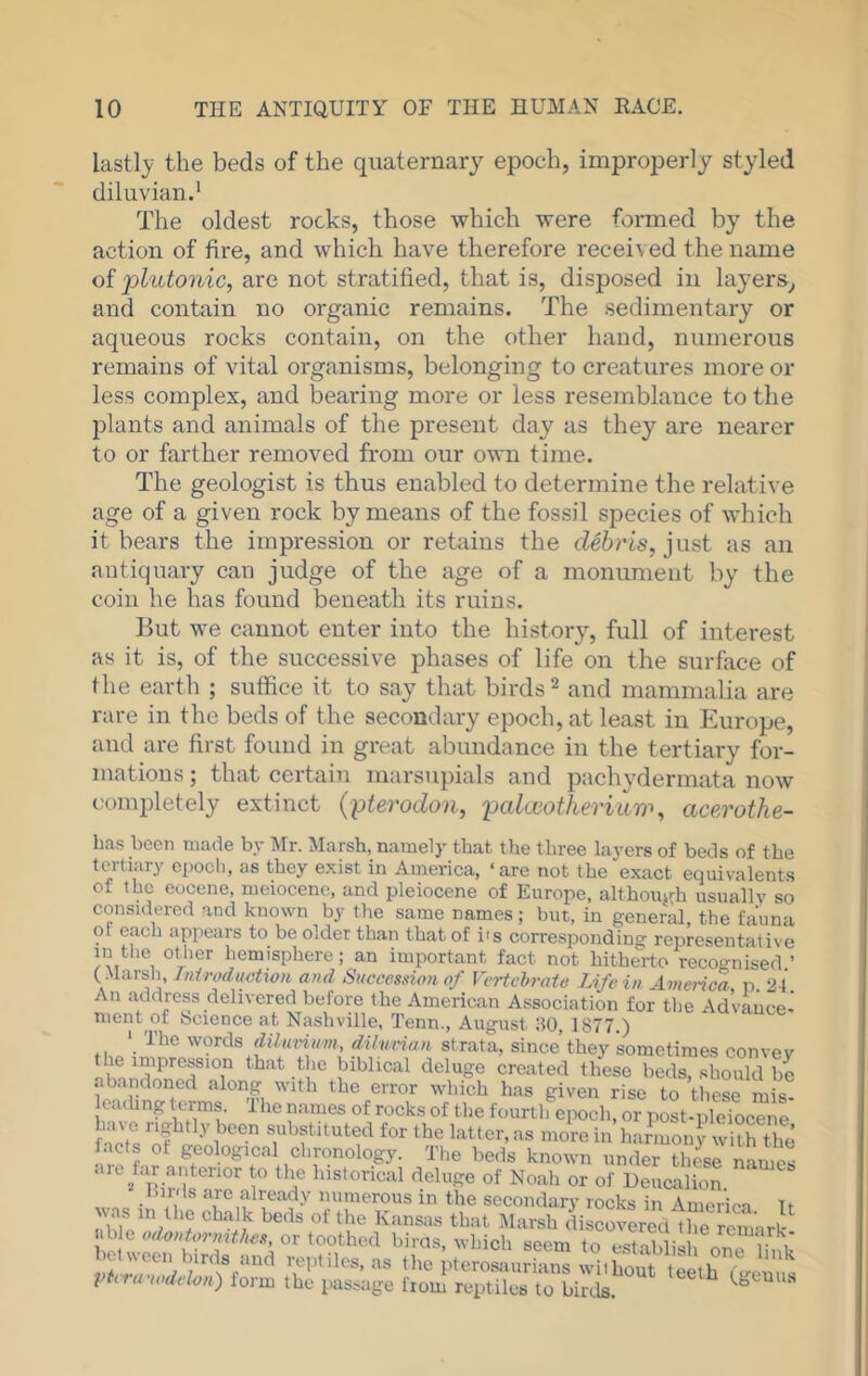 lastly the beds of the quaternary epoch, improperly styled diluvian.* The oldest rocks, those which were formed by the action of fire, and which have therefore recei\ed the name of plutonic, are not stratified, that is, disposed in layers^ and contain no organic remains. The sedimentary or aqueous rocks contain, on the other hand, numerous remains of vital organisms, belonging to creatures more or less complex, and bearing more or less resemblance to the plants and animals of the present day as they are nearer to or farther removed from our own time. The geologist is thus enabled to determine the relative age of a given rock by means of the fossil species of which it bears the impression or retains the debris, just as an antiquary can judge of the age of a monument by the coin he has found beneath its ruins. But we cannot enter into the history, full of interest as it is, of the successive phases of life on the surface of the earth ; suffice it to say that birds ^ and mammalia are rare in the beds of the secondary epoch, at least in Europe, and are first found in great abundance in the tertiary for- mations ; that certain marsupials and pachydermata now completely extinct {pterodon, pcdtmtheriuw, acerothe- has been made bv Mr. Marsh, namely that the three layers of beds of the tertiary epocli, as they exist in America, ‘are not the “exact equivalents of the eocene, meiocene, and pleiocene of Europe, althonjrh usually so considered and known by the same names ; but, in general, the fauna or each appears to be older than that of i's corresponding representative in tlie other hemisphere; an important fact not hitherto reco^mised ’ (Marsh, Iniroductwn and Succession of Vertebrate Life in Americ% p. 21 An address delivered before the American Association for the Advance- ment of bcience at Nashville, Tenn., August ilO, 1877.) words dilurian strata, since’they sometimes convey the impression that the biblical deluge created these beds, should be .abandoned along with the error which has given rise to theL mis earhng terms. The names of rocks of the fourth epoch, or post-pleTocTne InoTs 'n? 1 for the latter, as more in harmony wU h the facts ot geological chronology. Tlie beds known under these namet .lie far anterior to the historical deluge of No.ah or of Deucalion woe • 'Vi' ® “’'’’erous in the secondary rocks in America Tt
