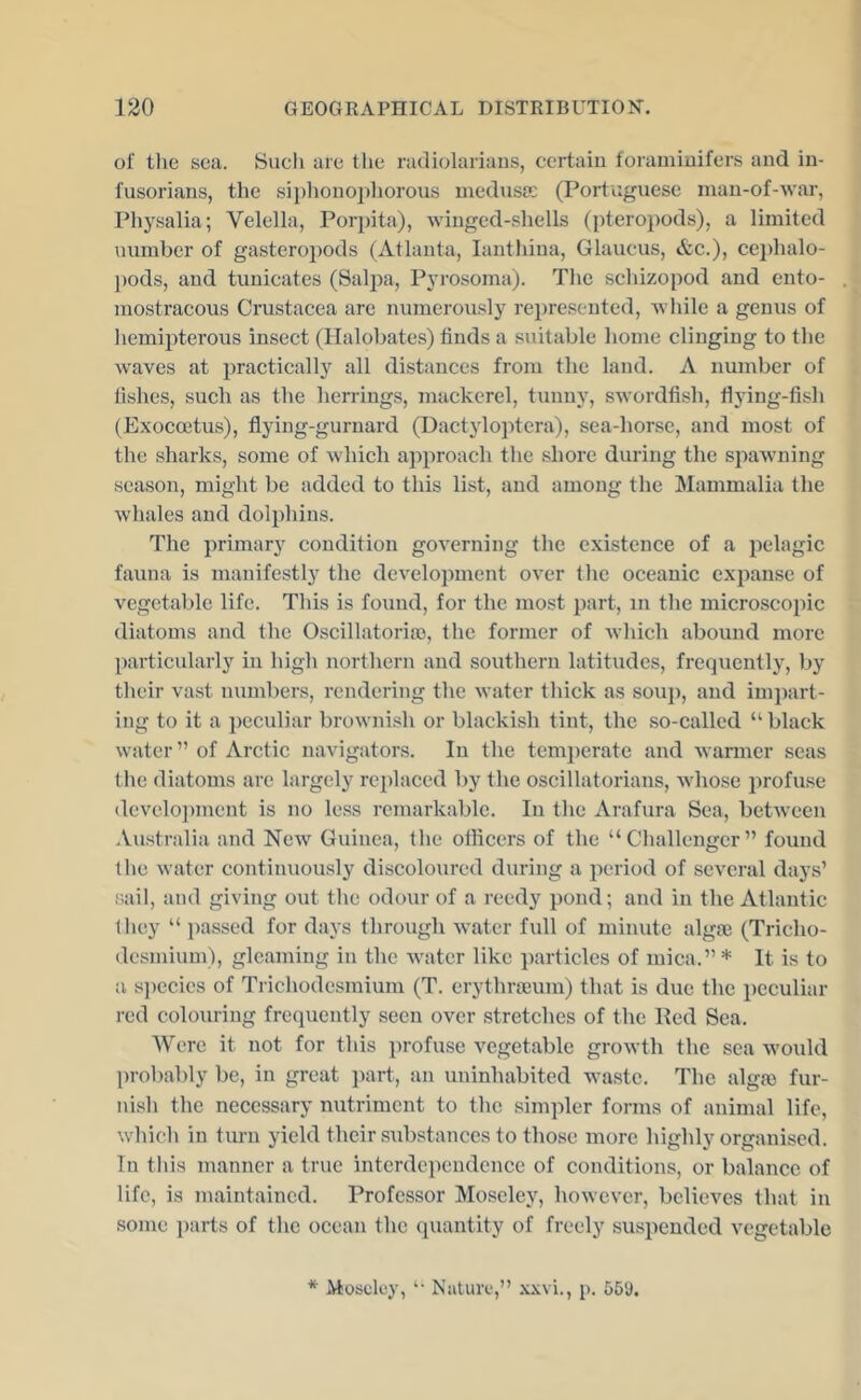 of tlie sea. Buch are the radiolarians, certain foraminifers and in- fusorians, the si])hono2)horous medusa: (PoiTviguese man-of-war, Physalia; Velella, Pori)ita), wiuged-sliells (2iteroj)ods), a limited number of gasterojiods (Atlanta, lanthiua, Glaucus, &c.), ce])halo- })ods, and tunicates (Salj^a, Pyrosoma). The schizojiod and ento- mostracous Crustacea are numerously re2)resented, while a genus of liemi2)terous insect (Halobates) finds a suitable home clinging to the waves at practically all distances from the land. A number of lishes, such as the herrings, mackerel, tunny, swordfish, flying-fish (Exoccetus), flying-gurnard (Dactylojficra), sea-horse, and most of the sharks, some of which apjiroach the shore during the sjiawning season, might be added to this list, and among the Mammalia the whales and doljfiiins. The primary condition governing the existence of a i^elagic fauna is manifestly the development over the oceanic exjianse of vegetable life. This is found, for the most jiart, m the microscopic diatoms and the OscilIatoria>, the former of which abound more l)articularly in high northern and southern latitudes, frequently, by their vast numbers, rendering the water thick as souj), and im])art- ing to it a peculiar browni-sh or blackish tint, the so-called “ black water ” of Arctic navigators. In the temperate and warmer seas the diatoms are largely rei)laced by the oscillatorians, Avhose i)rofuse develoj)ment is no less remarkable. In the Arafura Sea, between Au.stralia and New Guinea, the officers of the “Challenger” found tlie water continuously discoloured during a jxniod of several days’ sail, and giving out tlie odour of a reedy jiond; and in the Atlantic tlicy “ passed for days through water full of minute algae (Tricho- desmium), gleaming in the water like particles of mica.”* It is to a s])ccics of Trichodesmium (T. erythraeum) that is due the jieculiar red colouring frequently seen over stretches of the Ped Sea. Were it not for this jirofuse vegetable growth the sea would probably be, in great part, an uninhabited waste. The algao fur- nish the necessary nutriment to the simpler forms of animal life, which in turn yield their substances to those more highly organised. In this manner a true interdependence of conditions, or balance of life, is maintained. Professor Moseley, however, believes that in some parts of the ocean the quantity of freely susjiended vegetable * Moseley, Nature,” xxvi., 55a.
