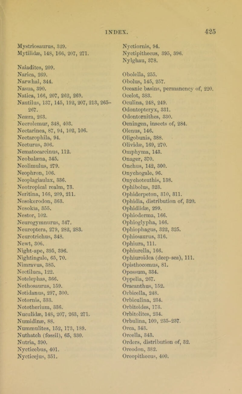 Mystriosaurus, 3:29. Mytilidoe, 148, 16<3, 207, 271. Naiadites, 209. Narica, 269. Narwlial, 844. Na.sua, 390. Natica, 166, 207, 262, 269. Nautilus, 137, 145, 192, 207, 213, 265- 267. Ncrora, 263. Nccrolemur, 348, 403. Ncctarinca, 87, 94, 102, 106. Nectaropliila, 94. Nccturus, 306. Nematocarcinu-s, 112. NeobalsDua, 345. Ncolimulus, 279. Neophron, 106. Neoplagiaula.v, .$36. Neotropical realm, 73. Neritina, 166, 209, 211. Ncsokerodon, 363. Ncsokia, 355. Nestor, 102. Ncurogyinnurus, .$47. Ncuroptera, 279, 282, 283. Neurotrichus, 348. Newt, 306. Night-ape, 395, 396. Nightingale, 65, 70. Niinravus, 385. Noetiluea, 122. Notelepha.s, 366. Nothosanrus, 159. Notidanu.s, 297, 300. Notornis, 333. Nototherium, 336. Nuculidae, 148, 207, 263, 271. Numidina', 88. Nummulites, 152, 173, 189. Nuthatch (fos.sil), 65, 330. Nutria, 390. Nycticebus, 401. Nyeticejus, 351. Nyetiornis, 94. Nyctipithecus, 395, 396. Nylghau, 378. Obolelhi, 255. Obolas, 145, 257. Oceanic bn.siii.-!, permanency of, 220. Ocelot, 383. Oculina, 248, 249. Odontoptcry.x, 331. Odontornithes, 330. Oeningen, insects of, 284. Olenus, 146. Oligobunis, 388. Olividas, 169, 270. Omphyma, 143. Onager, 370. Onchus, 142, 300. Onychogale, 96. Onychoteuthis, 138. Ophibolu-s, 323. Ophiderpeton, 310, 311. Ophidia, distribution of, 320. Ophidiidtc, 299. Ophioderma, 166. Ophioglypha, 166. Ophiophagus, 322, 325. Ophiosaurus, 316. Ophiura, 111. Ophiurclla, 166. Ophiuroidca (deep-sea). 111. Opisthocomus, 81. Opossum, 334. Oppelia, 267. Oraeanthus, 152. Orbicella, 248. Orbiculina, 234. Orbitoides, 173. Orbitolites, 2.$4. Orbulina, 109, 2.$.5-2.$7. Orca, 343. Orcella, 343. Orders, distribution of, 32. Oreodon, 382. Orcopithecus, 400.