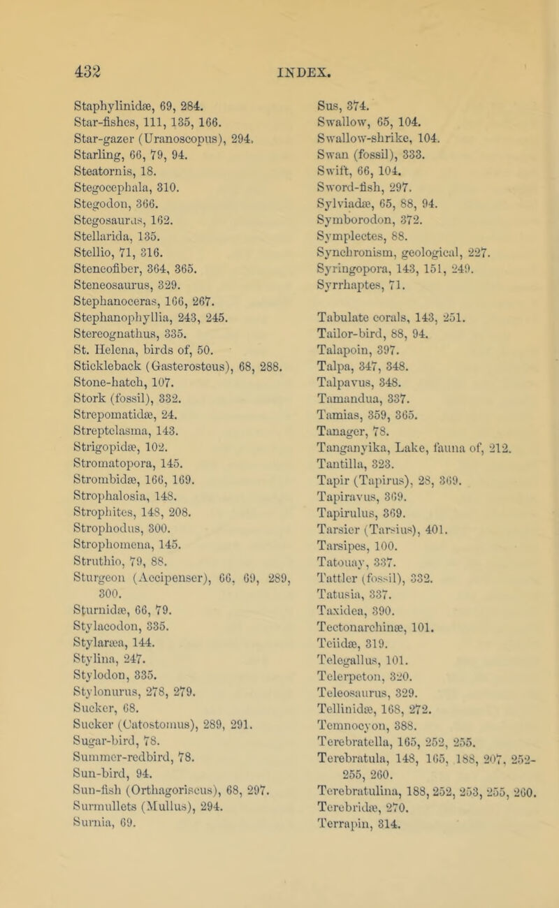 Staphylinidse, 69, 284. Star-fishes, 111, 135, 166. Star-gazer (Uranoscopus), 294. Starling, 66, 79, 94. Steatornis, 18. Stegoeephala, 310. Stegoclon, 366. Stegosaur as, 162. Stellarida, 135. Stellio, 71, 316. Steneofiber, 364, 365. Steneosaurus, 329. Stephanoceras, 166, 267. Stephanophyllia, 243, 245. Stereognathus, 335. St. Helena, birds of, 50. Stiekleback (Gasterostous), 68, 288. Stone-hatcb, 107. Stork (fossil), 332. Strepomatidaj, 24. Streptelasina, 143. Strigopida^, 102. Stroinatopora, 145. Stronibida;, 166, 169. Stropbalosia, 148. Strophites, 148, 208. Stropbodus, 300. Stropboinena, 145. Strutbio, 79, 88. Sturgeon (Aecipenser), 66, 69, 289, 300. SturnidjB, 66, 79. Stylaeodon, 335. Stylariea, 144. Stylina, 247. Stylodon, 335. Stylonurus, 278, 279. Sueker, 68. Sucker (Catostoinus), 289, 291. Sugar-bird, 78. Suinmcr-rcdbird, 78. Sun-bird, 94. Sun-fisb (Ortbagoriscus), 68, 297. Surmullets (Mullus), 294. Surnia, 69. Sus, 374. Swallow, 65, 104. Swallow-sbrike, 104. Swan (fossil), 333. Swift, 66, 104. Sword-fish, 297. Sylviadae, 65, 88, 94. Symborodon, 372. Symplectes, 88. Synchronism, geological, 227. Syringopora, 143, 151, 249. Syrrbaptes, 71. Tabulate corals, 143, 251. Tailor-bird, 88, 94. Talapoin, 397. Talpa, 347, 348. Talpavus, 348. Tamandua, 337. Tamias, 359, 365. Tanager, 78. Tanganyika, Lake, launa of, 212. Tantilla, 323. Tapir (Tapirus), 28, 369. Tapiravus, 369. Tapirulus, 369. Tarsier Tarsi us), 401. Tai-sipes, 100. Tatouay, 337. Tattler (fossil), 332. Tatusia, 337. Taxidea, 390. Tectonarcbinoe, 101. Teiidse, 319. Telcgallus, 101. Telerpoton, 320. Teleosaurus, 329. Tellinidce, 168, 272. Tcmnocyon, 388. Terebratella, 165, 252, 255. Terebratula, 148, 165, 188, 207, 252- 255, 260. Terebratulina, 188, 252, 253, 255, 260. TerebridiU, 270. Terrapin, 314.