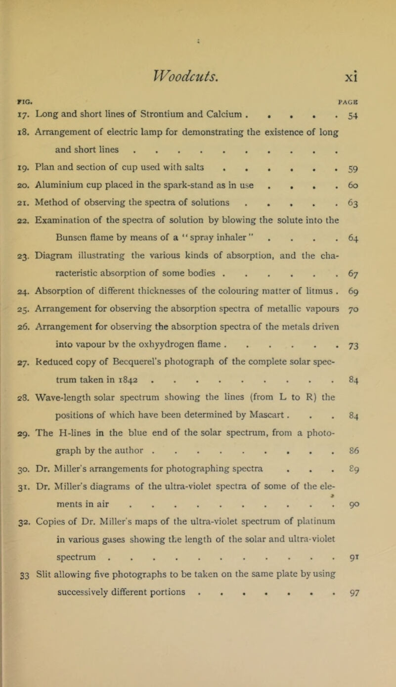 riG. PACB 17. Long and short lines of Strontium and Calcium 54 18. Arrangement of electric lamp for demonstrating the existence of long and short lines 19. Plan and section of cup used with salts ...... 59 20. Aluminium cup placed in the spark-stand as in use .... 60 21. Method of observing the spectra of solutions 63 22. Examination of the spectra of solution by blowing the solute into the Bunsen flame by means of a “ spray inhaler  . . . .64 23. Diagram illustrating the various kinds of absorption, and the cha- racteristic absorption of some bodies 67 24. Absorption of different thicknesses of the colouring matter of litmus . 69 25. Arrangement for observing the absorption spectra of metallic vapours 70 26. Arrangement for observing the absorption spectra of the metals driven into vapour bv the oxhyydrogen flame 73 27. Reduced copy of Becquerel’s photograph of the complete solar spec- trum taken in 1842 84 28. Wave-length solar spectrum showing the lines (from L to R) the positions of which have been determined by Mascart... 84 29. The H-lines in the blue end of the solar spectrum, from a photo- graph by the author 86 30. Dr. Millers arrangements for photographing spectra ... £9 31. Dr. Miller’s diagrams of the ultra-violet spectra of some of the ele- merits in air 90 32. Copies of Dr. Miller’s maps of the ultra-violet spectrum of platinum in various gases showing the length of the solar and ultra-violet spectrum 91 33 Slit allowing five photographs to be taken on the same plate by using successively different portions 97