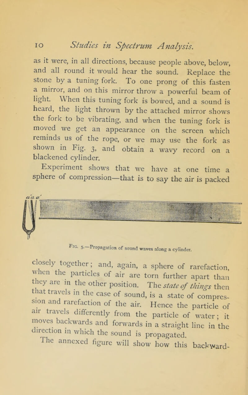 as it were, in all directions, because people above, belo\\% and all round it would hear the sound. R.eplace the stone by a tuning fork. To one prong of this fasten a mirror, and on this mirror throw a powerful beam of light. When this tuning fork is bowed, and a sound is heard, the light thrown by the attached mirror shows the fork to be vibrating, and when the tuning fork is moved we get an appearance on the screen which reminds us of the rope, or we may use the fork as shown in Fig. 3, and obtain a wavy record on a blackened cylinder. Experiment shows that we have at one time a sphere of compression—that is to say the air is packed Fig. s- Propagation of sound waves along a cylinder. closely together; and, again, a sphere of rarefaction, vv len t le particles of air are torn further apart than they are m the other position. The state of things then that travels in the case of sound, is a state of compres- sion and rarefaction of the air. Hence the particle of air travels differently from the particle of water • it moves backwards and forwards in a straight line in the direction m which the sound is propagated. The annexed figure will show how this backy/ard-