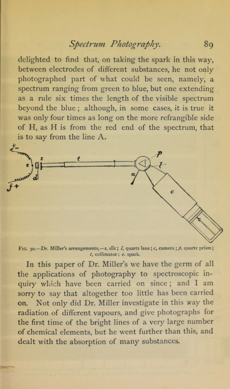 delighted to find that, on taking the spark in this way, between electrodes of different substances, he not only photographed part of what could be seen, namely, a spectrum ranging from green to blue, but one extending as a rule six times the length of the visible spectrum beyond the blue ; although, in some cases, it is true it was only four times as long on the more refrangible side of H, as H is from the red end of the spectrum, that is to say from the line A. Fig. 30.—Dr. Miller’s arrangements,—s, slit; /, quartz lens; c, camera ; /. quartz prism; collimator; e. spark. In this paper of Dr. Miller’s we have the germ of all the applications of photography to spectroscopic in- quiry which have been carried on since; and I am sorry to say that altogether too little has been carried on. Not only did Dr. Miller investigate in this way the radiation of different vapours, and give photographs for the first time of the bright lines of a very large number of chemical elements, but he went further than this, and dealt with the absorption of many substances.