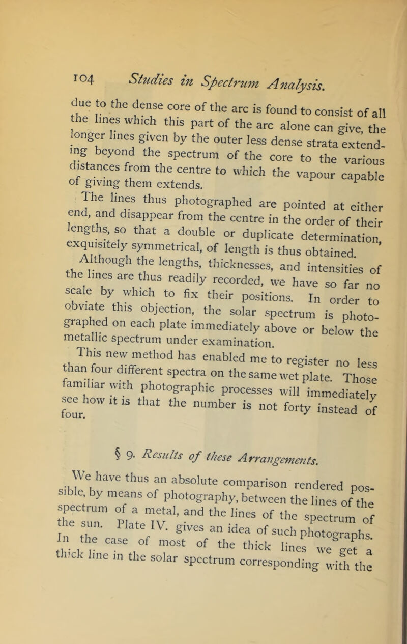 clue to tlie dense core of the arc is found to consist of all he Imes which this part of the arc alone can give, the onger lines given by the outer less dense strata extend- ing beyond the spectrum of the core to the various d stances from the centre to which the vapour capabL of giving them extends. ^ The lines thus photographed are pointed at either end, and disappear from the centre in the order of their engths so that a double or duplicate determination, exquisitely symmetrical, of length is thus obtained. Although the lengths, thicknesses, and intensities of the lines are dius readily recorded, we have so far no scale by which to fix their positions. In order to obviate this objection, the solar spectrum is photo- graphed on each plate immediately above or below the metallic spectrum under examination. This new method has enabled me 'to register no less than four different spectra on the same wet plate, Thos'e familiar with photographic processes will immediatelv -how It is that the number is not forty instead ^f § 9- tZcsulis of these Arrangements. We have thus an absolute comparison rendered pos- e by means of photography, between the lines of the spectrum of a metal, and the lines of the spectrum of t le sun. Plate IV. gives an idea of such photo-graphs^ n the case of most of the thick lines w^get a thick line m the solar spectrum corresponding wid, the