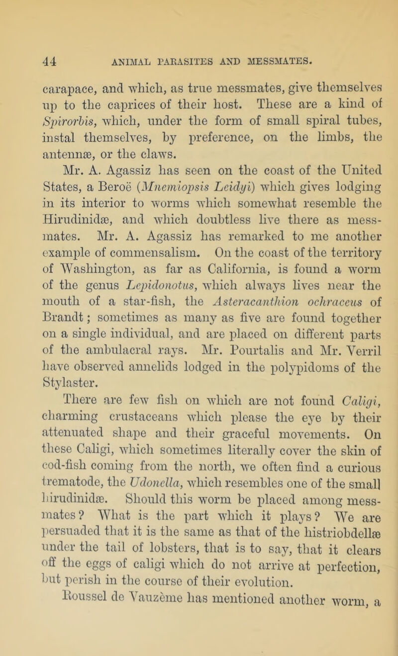 carapace, and which, as true messmates, give themselves up to the caprices of their host. These are a kind of Spiro7'his, which, under the form of small siiiral tubes, instal themselves, by preference, on the limbs, the antennas, or the claws. Mr. A. Agassiz has seen on the coast of the United States, a Beroe {Mnemiopsis Leiclyi) which gives lodging in its interior to worms which somewhat resemble the Hirudinidae, and which doubtless live there as mess- mates. Mr. A. Agassiz has remarked to me another example of commensalism. On the coast of the territory of Washington, as far as California, is found a worm of the genus Lepidonotiis, which always lives near the mouth of a star-fish, the Asteracanthion ochraceus of Brandt; sometimes as many as five are found together on a single individual, and are placed on different parts of the ambulacral rays. Mr. Pourtalis and Mr. Yerril have observed annelids lodged in the polypidoms of the Stylaster. There are few fish on which are not found Caligi, charming crustaceans which please the eye by their attenuated shape and their graceful movements. On these Caligi, which sometimes literally cover the skin of cod-fish coming from the north, we often find a curious trematode, the Udonella, which resembles one of the small hirudinidiB. Should this worm be idaced among mess- mates? What is the part which it jdays? We are ])ersuaded that it is the same as that of the histriobdellEe under the tail of lobsters, that is to say, that it clears off the eggs of caligi which do not arrive at perfection, but perish in the course of their evolution. Boussel de Yauzeme has mentioned another worm, a