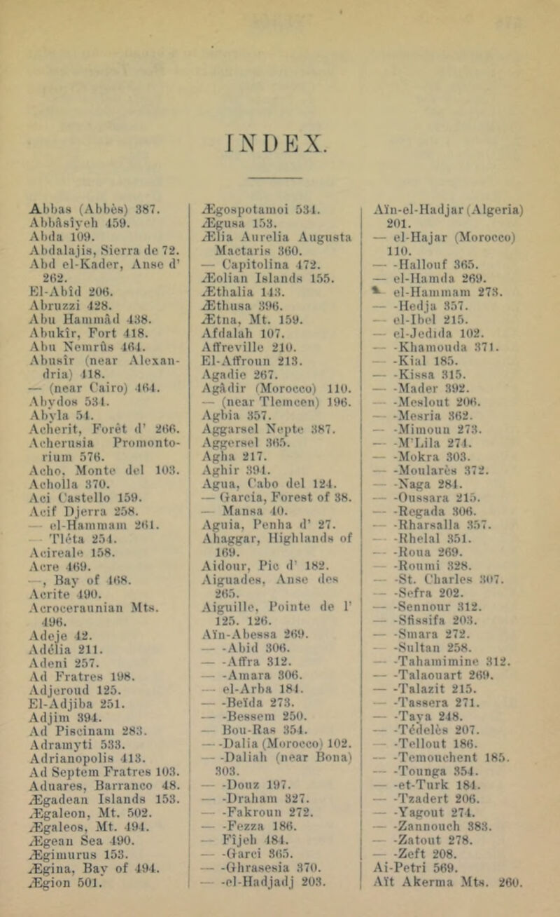 [N1)P]X. Al)bas (Abbes) 387. Abbflsiyeh 159. Abila 1*09. Abdnlajis, Sierra de 72. Abd el-Kader, Anse d’ 292. Kl-Abid 209. Abruzzi .128. Abu Haminad 138. Abukir, Fort 118. Abu Nemnis 191. .'Vbusir (near Alexan- dria) 118. — (near Cairo) UU. .\bydos 531. Abyla 51. Acberit, F'oret d’ 299. -Veherusia Proinonto- rium 579. Acho. Monte del 103. Achoila 370. Aci Castello 159. .Veif Djerra 258. — el-Hammain 291. — TkHa 251. Aeireale 158. A ere -199. —, Bay of 198. Acrite .190. .\croeeraunian Mts. 199. Adeje 12. Addlia 211. Adeni 257. Ad Fratres 198. Adjeroud 125. El-Adjiba 251. Adjiin 391. .\d Piscinam 283. .Idrainyti 533. Adrianopolis 113. Ad Septein Fratres 103. Aduares, Barranco 18. iEgadean Islands 153. ..Egaleon, Mt. 502. .lEgaleos, Mt. 191. yEgeau Sea 190. AJginiurus 153. yEgina, Bay of 191. ..Egion .501. /Egospotamoi 531. .rEgusa 153. .^lia Aurelia Augusta Mactaris 390. — Capitolina 172. .rEolian Islands 1.55. .rEthalia 113. .^thiisa 399. JEtna, Mt. 159. Afdalah 107. Affreville 210. El-Affroun 213. Agadic 267. Agftdir fMoroeco) 110. — (near Tlemcen) 196. Agbia 357. Aggarsel Nepte 387. Aggersel 395. Aglia 217. Aghir 391. Agua, Cabo del 121. — (larcia, Forest of 38. — Mansa 10. Aguia, Penha d’ 27. Ahaggar, Highlands of 199.' Aidour, Pic d’ 182. Aiguades, Anse des 265. Aiguille, Pointe de P 125. 129. Al'n-Abessa 269. — -Abid .306. — -Affra 312. — -Ainara 306. — el-Arba 181. — -Beida 273. — -Bessem 250. — Bou-Ras 351. Dalia (Morocco) 102. Daliah (near Bona) 303. — -Douz 197. — -Draham 327. — -Fakroun 272. Fezza 186. — I’ijeb 161. (larci 865. — -Ghrasesia 370. — -el-Hadjadj 203. AYn-el-Hadjar (Algeria) 201. — el-Hajar (Morocco) 110. — -Hallouf 395. — el-Hainda 269. ^ el-Hammam 27.3. — -Hedja 357. — el-Ibel 215. — el-Jedida 102. — -Khamouda .371. — -Rial 185. — -Kissa 315. — -Mader 392. — -Meslout 209. — -Mesria .362. — -Miinoun 273. — -M Lila 271. — -Mokra 303. — -Moulares 372. I^aga 281. Oussara 215. — -Rcgada 306. — -Rharsalla 357. — -Rhelal .351. — -Roua 269. Roumi .328. — -St. Charles 3U7. — -Sefra 202. — -Sennour 312. — -Sfissifa 203. — -Smara 272. — -Sultan 258. — -Tahainimine 312. — -Talaouart 269. — -Talazit 215. — -Tassera 271. — -Tava 218. — -Tddelfes 207. — -Tellout 186. — -Temouehent 185. Tounga .351. et-Turk 161. — -Tzadert 206. — -Yagout 271. — -Zannoiich 383. — -Zatout 278. Zeft 208. Ai-Petri 569. Ait Akernia Mts. 260.