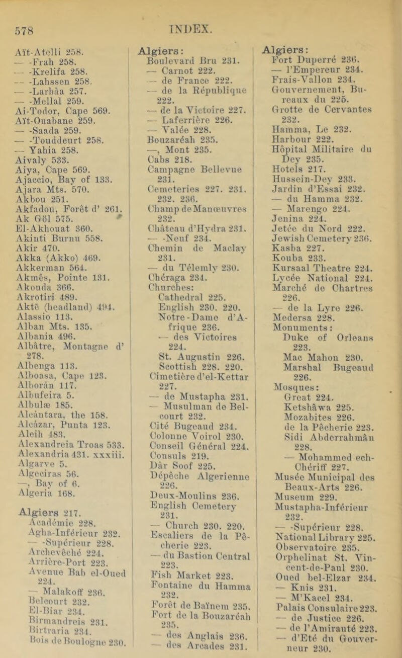 Alt-Atclli 2.')K. — -Fiali 258. • - -Krelifa 258. Lahsseii 258. ■— -Larbiia 257. Mellal 259. Ai-Todor, Cape 569. Ait-Ouabane 259. Saada 259. Touddeurt 258. — Yabia 258. Aivaly 583. Aiya, Cape 569. Ajaccio, Bay of 13.8. Ajava Mts. 570. Akbou 251. Akfadou, Porfit d’ 261. Ak G61 575. * El-Akboiiat 360. Akiuti Bunni .558. Akir 470. Akka (Akko) 169. Akkerinan 561. Akmcs, Poiiite 131. .'Ikouda 366. Akrotiri 189. Aktc (lioaillaud) 491. Alassio 113. Alban Mts. 135. Albania 496. Albatre, Montagne d’ 278. Albenga 113. .Mboasa, Capo 123. .Mbonin 117. Albufeira 5. Albnlae 185. Alcantara, the 158. .Alcazar. I’linta 123. Aleib 188. Alcxandreia Troas 533. Alexandria 431. xxxiii. Algarve 5. .Algcciras 56. —, Bay of 6. .Algeria 168. Algiers 217. Acadeinie 228. Agba-Infdrieur 232. — -Bnpdrieur 228. Archev6obt5 224. .Arrifcre-Port 223. Avenue Bab el-Oued 224. — Malakoff 236. Boleonrt 232. Kl-Biar 284. Birinandreis 281. Birtraria 231. Boi.s do Boulogne 280. Algiers: Boulevard Bru 231. — Carnot 222. — de France 222. — de la Bepublique 222. — de la Victoire 227. ' — Laferriferc 226. — A'alde 228. Bouzardah 235. —, Mont 235. Cabs 218. ; Campagne Bellevue \ 231. C'emeteries 227. 231. 232. 236. Clianip deManwuvres 232. I Chateau d’Hvdra 231. — -Neuf 234. Cheuiin de Maclav 231. — du Tdleinly 230. Chdraga 234. Churches: Cathedral 225. English 230. 220. I Notre-Dame d’A- 1 frique 236. [ — des Victoires | 224. j St. Augustin 226. ' Scottish 228. 220. ! Ciinetidrc d’el-Kettar 227. — de Mustapha 231. j — Muauhuan de Bel- court 232. I (Mte Bugeaud 231. Colonne Voirol 230. Conseil Gdndral 224. Consuls 219. Dar Soof 225. Bdpdche Algerienue 226. Deux-Moulins 236. English Cemeterv 231. — Church 280. 220. Escaliers de la Pd- eherie 223. — du Bastion Central 223. Fish Market 228. Fontaine du llamina , 282. , Foret de Bafneiu 235. j Fort de la Bouzardah ' 235. — des Anglais 286. — des Arcades 231. Algiers: Fort Duperre 236. — I’Einpereur 234. Frais-Vallon 234. liouvernenient, Bu- reaux du 226. Grotte de Cervantes 232. Hainma, Le 232. Harbour 222. Hopital Militaire du Dcy 235. Hotels 217. Hussein-Dey 233. .lardin d’Essai 232. — du Haiuma 232. — Marengo 224. Jenina 224. Jetee du Nord 222. Jewish Cemetery 286. Kasha 227. Kouba 283. Kursaal Theatre 221. Lycde National 224. Marchd do Chartres 226. — de la Lyre 226. Medersa 228. Monuments: Duke of Orleans 223. Mac Mahon 230. Marshal Bugeaud 226. Mosques: Great 224. Ketshdwa 225. Mozabites 226. de la Pdcherie 223. Sidi Abdcrrahman 228. — Mohammed eeh- Chdritf 227. Musde Municipal des Beaux-Arts 226. Museum 229. Mustapha-Iufdrieur 232. Supdrieur 228. National Library 225. Observatoire 235. Orphelinat St. Vin- eent-do-Paul 230. Oued bel-Elzar 234. — Knis 231. — M’Kaeel 234. Palais Consulaire223. — de Justice 226. — de I’Ainirautd 223. — d’Etd du Gouver- neur 280.