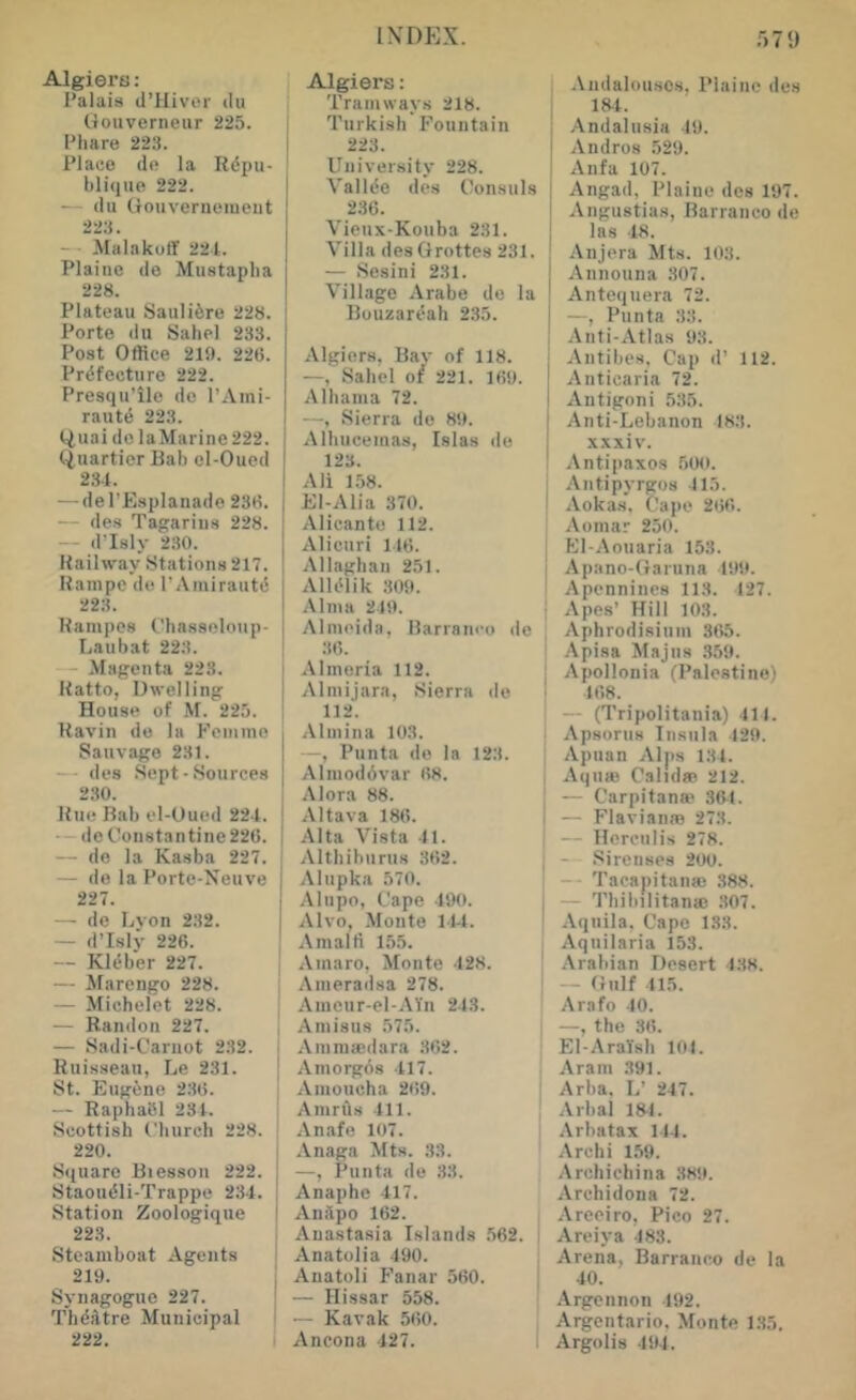 Algiers: Palais d’Hiver ilu Gouverneiir 225. Phare 223. Place cle la Rdi)u- blique 222. — (lu (Touvernement 223. — ■ Malakoff 224. Plaine de Mustapha 228. Plateau Saulifere 228. Porte du Sahel 233. Post Office 219. 226. Prefecture 222. Presqu’ile de PAini- raute 223. tiuai do la Marine 222. (^uartier Ilah el-Oued 234. — dePEsplanade 236. — des Tagariiis 228. — d’Isly 230. Railway Stations 217. Rampe de PAmirautd 223. Rampes Chasseloup- Laubat 223. - Magenta 223. Ratto, Dwelling House of M. 225. Ravin de la Feniino Sauvage 231. — des Sept-Sources 230. Rue Bab el-Oued 224. — de Constantine 226. — de la Kasba 227. — de la Porte-Neuve 227. — de Lvon 232. — d’Islv 226. — Kl^ber 227. ! — Marengo 228. — Michelet 228. , — Randon 227. , — Sadi-Carnot 232. i Ruisseau, Le 231. j St. Eugene 236. — RaphaiR 231. Scottish Church 228. 220. I Square Biesson 222. Staoudli-Trappe 234. ; Station Zoologique ! 223. Steamboat Agents 219. I Synagogue 227. Thdfttre Municipal i 222. Algiers: Tramways 218. Turkish Fountain | 223. University 228. ' Vallde des Consuls j 236. Vieux-Kouba 231. Villa des Grottes 231. — Sesini 231. Village Arabe de la Bouzardah 235. Algiers, Bav of 118. —, Sahel of 221. 169. Albania 72. I —, Sierra do 89. j Alhucemas, Islas de 123. I Ali 1.58. I El-Alia 370. j Alicante 112. Alicuri 146. Allaghan 251. Alldlik 309. Alma 219. Almeida, Barranco de 36. Almoria 112. Almijara, Sierra de 112. Almina 103. —, Punta do la 123. Almoddvar 68. Alora 88. Altava 186. Alta Vista 41. Althiburus 362. Alupka 570. Alupo, Cape 490. Alvo, Monte 144. Amalfi 155. Amaro, Monte 428. Ameradsa 278. Ameur-el-AYn 243. Amisus 575. Ammaedara 362. Aniorgds 417. Amoucha 2<!9. Amrtis 411. Anafe 107. Anaga Mta. 33. —, Punta de 33. Anaphe 417. Anlipo 162. Anastasia Islands 562. Anatolia 490. Anatoli Fanar 560. — Hissar 558. — Kavak 560. Ancona 427. .Indalotisos. Plaine des 184. Andalusia 49. Andros 529. Anfa 107. Angad, Plaine des 197. Angustias, Barranco de j las 48. Anjera Mts. 103. Announa 307. Antequera 72. —, Punta 33. Anti-Atlas 93. i Antibes, Cap d’ 112. Anticaria 72. ! Antigoni 535. ! Anti-Lebanon 183. I xxxiv. I Antipaxos 500. Antipyrgos 415. ■ Aokas. Cape 266. Aoniar 250. El-Aoiiaria 153. j Apano-Garuna 499. Apennines 113. 127. ^ Apes’ Hill 103. Aphrodisium 365. ' Apisa Majlis .359. i Apollonia (Palestine) ' 468. i — (Tripolitania) 411. i Apsorus Insula 429. Apuan Alps 134. I Aquee Calid® 212. ' — Carpitanw 364. i — Flavian® 273. i — Ilereulis 278. I - Sirenses 200. i — Tacapitan® .388. i — Thibilitan® 307. i Aquila. Cape 133. Aquilaria 15.3. j Arabian Desert 438. I — Gulf 415. Arafo 40. I —, the 36. El-AraYsh 101. Aram .391. Arha. L’ 247. . Arbal 181. .\rbatax 144. Archi 1.59. Archichina 389. Archidona 72. Areeiro, Pico 27. i Areiya 483. Arena, Barranco de la 40. Argonnon 492. Argentario, Monte 1.35. Argolis 494.