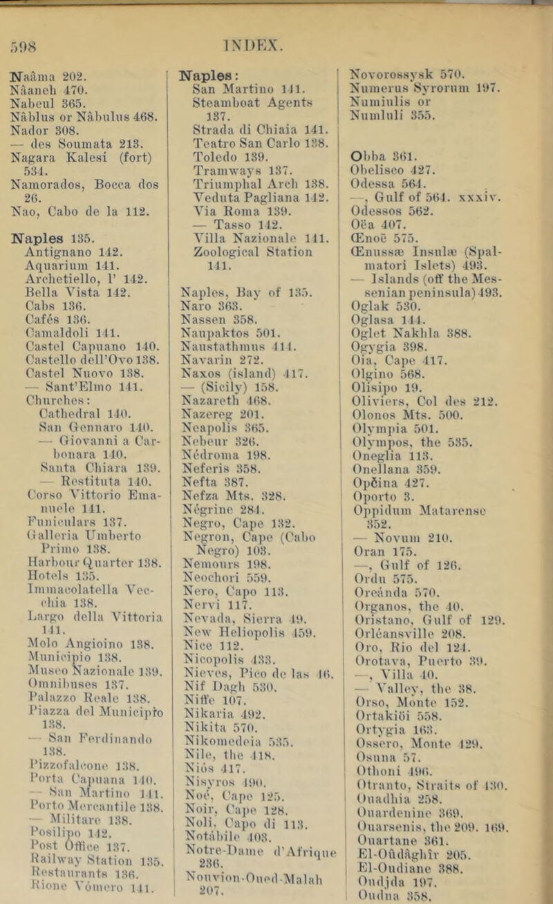 IXDFA'. oOH NaA-ma 202. Naaneh 170. Nabeul 365. Nablus or Nabulus 468. Nador 808. — des Soinnata 213. Nagara Kalesi (fort) 531. Namorados, Bocoa dos 26. Nao, Cabo de la 112. Naples 135. Antignano 112. Aquarium 111. Arohetiello, 1’ 142. Bolla Vista 142. Cabs 136. Cafis 136. Camaldoli 141. Castol Capuano 140. Castollo dc'irOvol38. Castf'l Nuovo 138. — Sant’Eliuo 141. Churpbes: Cathedral 110. San Gcnuaro 140. — Giovanni a Car- bonara 140. Santa Cbiara 180. — Rostituta 110. Corso Vittorio Ema- luu'le 111. Funieulara 137. Galleria Umberto Brimo 138. Harbour (|uartor 188. Hotels 135. Immacolatella Vee- ehia 138. Cargo della Vittoria 111. Molo Angioino 188. .Munieinio 138. Museo Nazionale 13',). Omnibuses 137. I’alazzo Keale 138. J’iazza del Munieipro 138. — San Ferdinando 138. 1‘izzofaleoue 138. 1‘orta Caiuiana 140. San Martino 141. Forlo Mereantile 138. — Militare 138. I’osilipo 142. Host Office 137. It ail way Station 135. Hestaurants 136. Hione Voniero 111. Naples; San Martino 141. Steamboat Agents 137. Strada di Cbiaia 141. Tcatro San Carlo 188. Toledo 189. Tramways 187. Triumphal Arch 138. Veduta Pagliana 112. Via Roma 139. — Tasso 142. Villa Nazionale 111. Zoological Station 111. Naples, Bay of 135. Naro 363. Nassen 358. Nauj)aktos 501. Naustathmus 111. Navarin 272. Naxos (island) 417. — (Sicily) 158. Nazareth 468. Nazereg 201. Neapolis 365. Nebeur 326. Nedroma 198. Neferis 358. Nefta 387. Nefza Mts. 328. Negrinc 284. Negro, Cape 132. Negron, Cajie (Cabo Negro) 103. Nemours 198. Neoehori 5,59. Nero, Capo 113, Nervi 117, Nevada, Sierra 49. New Heliopolis 459. Nice 112. Nic.opolis 433. Nieves, TMco do las 16. Nif Dagb 530. Niffe 107. Nikaria 492. Nikita 570. Nikomedeia 535. Rile, the I is. Nibs 417. Nisyrus isu). Noe. Cape 125. Noir, Cape 128. Noli. Capo di 113. Notabile 403. Notre-1 lame d’Afriiiue 236. NouvionOued-Malab 207. Novorossysk 570. Numerus Syrorum 197. Nuniiulis or Nuinluli 3.55. Obba 861. Obeliseo 427. Odessa 564. —, Gulf of .561. xxxiv. Odessos 562. Oea 407. ffinoe 575. Qinussa! Insula; (Spal- niatori Islets) 493. — Islands (off the Mes- senian peninsula) 493. Oglak 530. Oglasa 141. Oglot Nakbla 388. Ogygia 398. Oia, Cape 417. Olgino .568. Olisipo 19. Oliviers. Col des 212. Olonos Mts. 500. Olympia 501. 01ym])os, the 585. Oneglia 113. Onellana 359. Op6ina 427. Oporto 3. 0])pidum Matarense 352. — Novum 210. Oran 175. —, Gulf of 126. Ordu 575. Oreiinda 570. Organos, the 40. I Oristano. Gulf of 129. Orleansville 208. j Oro, Rio del 124. Orotava, Puerto 39. —, Villa 40. — Valley, the 38. Orso, Monte 152. OrtakiOi .558. Ortygia 163. Ossern, Monte 129. ‘ Osuna 57. Otboni 196. Otranto, Straits of 130. 1 Ouadliia 258. Ouardenine 369. Ouarsenis, the 209. 169. Ouartane 361. El-Ofldi\glur 205. El-Oudiane 388. Oudjda 197. Oudua 858.