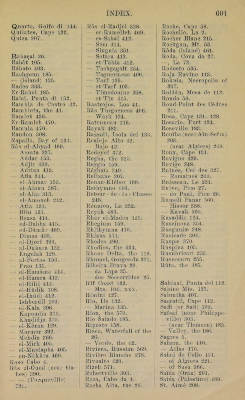 Quarto, (4olfo di Ml. Quilates, Cape 12.1. Qiiiza 207. Ralia^'al 20. Rabat 10.5. Rilbato 10.1. Kachsouii 1K.5. — (island) 125. Kadea 803. Kr-Rahel 185. Raisi, Piinta di 152. Rambla d(! Castro 12. Rambluta, tho 11. Ranilch 480. Er-Raiulch 170. Raniula 170. Randon 808. Rapallo, Ray of ill. Ras el-Abyad 1011. .\crata 217. — .\ddar 151. Adjir 100. Adrian 118. — Alia 811. fl-Abinar 151. i‘l-Aioiin 187. fl-Alia 113. l‘l•Alnom■b 212. Atia 111. Ribi 111. Roasa 111. cd-Dabba ll.'i. ed-Diniflr lOli. Dimas 105. i“l-I)jorf 101. al-I)ukara 112. Knpciab 120. al-Fortas 151. Frao 111. -- pl-Hainama 111. ol-Hanira 112. cl-Hilil 111. cl-Hildik 108. el-IhOdi 112. Ishberdil 102. td-Kala 100. Kapondia 17o. Kbadidjn 17o. (‘1-Koran 120. .\Iarmor 302. Mehdia 100. (‘1-Mirh 105. (‘I-Mustapba 105. — pn-NAkiira 100. Raso Cabo 1. R.as el-Oued (near lia- bfs) 300. (Topqnevillp) 721. Riis (d-Hadjel 328. er-Rumeileh 100. j — es-Sabal 112. I — Sem 111. ! — Sluguia 351. — Sotara 112. — et-Tabia 112. — Tacbpagalt 2.>1. Tafruernipsa 100. Tarf 120. — et-Tarf 103. Timcdonitie 258. — c't-Tin 115. Rastrojos, Los 11. Riis Turgoonoss 100. Wark 121. Ratonnoau 110. Rayak 188. Razzuli, Isola do! 111. Rcab'jo Alto 12. Rajo 12. l{t“iley(*f 872. , Rpgba, tliu 125. I Rpggio 150. I Rpgliai'a 210. Relizani' 207. Ronan-Kli'ber 100. Rptbymno 110. Retour - do - la - Cbassc 218. Rcnnion, l.a 252. Rcyak 183. Rbar cl-Madi'ii 125. Rhogiiim 150. Rhithynina lio. RhizOs 571. Rhodes 100. Rhodios, the 511. Rhone Delta, the 110. Rhumel, (lorges dii 801. Ribeira Rrava 20. da La|ia 25. (Ills Soceorridos 25. Rif Coast 121. Mts. 101. xx.\. Rimini 127. Rio. lie 132. Marina 115. Rion. the 570. Rio ^alado 185. Riposto 1.58. Riseo. Waterfall of the 20. Verde, the 12. Riviera. Russian 500. Riviere Rlanehe 278. Rivoalto 120. Rizeh 571. RobertviHe 801. Roea, Cabo da I. Rooha .\lta. the 20. Roehe, Cape 58. Rochelle, La 2. Rocdier Rlanc 215. Rockgiin, Mt. 53. Roda (island) 101. Roda, Cova da 27. —, La 72. Rodusto 585. Roja Ravine 118. Roknia, Necropolis of 307. Ruldiin, Mesa de 112. Honda 50. Rond-Foint des LVdres 211. Rosa, Cape 131. 128. Rosario. Fort 121. Roseville 181. RouYba (near AYn-Sefra) 208. (near Algiers) 210. Roux, Cape 181. Rovigno 120. Rovigo 218. Ruines, Col des 127. — Romaines 211. Ruisseau, Le 211. Ruivo, I’ieo 27. do Paul, Pico 20. Rumeli Fanar 500. Hissar 5.58. Kavak SOo. Rusaddir 121. Huseinona 851. Husguniie 218. Rusieadc 301. RuspH* 170. Ruspina 105. Riisuhrieari 2.51. Rusiieeurn 2.55. Rfita, the 185. Sabinal, Piinta del 112. Sabine Mts. 115. Sabratha 107. Sacratif, Cape 112. Satli (or Safi) loo. Safsaf (iK'ar Pbili|ipe- ville) 101. (near Tlemcen) 185. Valley, the 180. Sagres 5. Sahara, the llo. Atlas 170. Sahel de Collo i;!i. of Algiers 221. of Susa 800. SaYda (Oran) 201. Saida (Palestine) lOo. St. Aime 208.