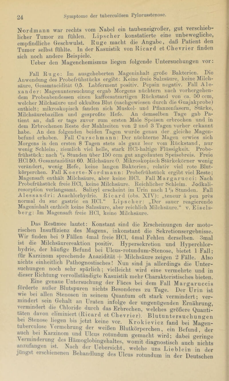 Nordmann war rechts vom Nabel ein taubeneigroßer, gut verschieb- licher Tumor zu fühlen. Lipscher konstatierte eine unbewegliche, em))findliche Cfeschwulst. Rüge macht die Angabe, daß Patient den Tumor selbst fühlte. Tn der Kasuistik von Ricard et Chevrier finden sich noch andere Beispiele. Ueber den Magenchemismus liegen folgende Untersuchungen vor: Pall Rüge: Im ausgeheberten Mageninhalt große Bakterien. Die Anwendung des Probefrühstücks ergibt: Keine freie Salzsäure, keine Milch- säure, Gesamtacidität 0,5. Labferment positiv. Pepsin negativ. Fall Ale- xander: Magenuntersuchuug ergab Morgens nüchtern nach vorhergehen- dem Probeabendessen einen kafieesatzartigen Rückstand von ca. 50 ccm, welcher Milchsäure und okkultes Blut (nachgeAviesen durch die Guajak])robe) enthielt; mikroskopisch fanden sich Muskel- und Pflanzenfasern, Stärke, Milchsäurebazillen und gesproßte Hefe. An demselben Tage gab Pa- tient an, daß er tags zuvor zum ersten Male Speisen erbrochen und in dem Erbrochenen Reste der Mahlzeiten von 2 und 3 Tagen vorher erkannt habe. An den folgenden beiden Tagen wurde genau der gleiche Magen- befund erhoben. Pall Cur sch mann: Der nüchterne Magen erwies sich Morgens in den ersten 8 Tagen stets als ganz leer vom Rückstand, nur wenig Schleim, ziemlich viel helle, stark HCl-haltige Flüssigkeit. Probe- frühstück: nach ®/4 Stunden über 150 ccm gut angedauten Speisebreis. Freie HCl 50. Gesamtazidität 60. Milchsäure 0. Mikroskopisch Stärkekörner wenig verändert, wenig Hefe, keine langen Bakterien, relativ viel rote Blut- körperchen. Fall K 0 e r t e - N 0 r d m a n n: Probefrühstück ergibt viel Reste; Magensaft enthält Milchsäure, aber keine HCl. Fall Margarucci: Nach Probefrühstück freie HCl, keine Milchsäure. Reichlicher Schleim. Jodkali- resorption verlangsamt. Salizyl erscheint im Urin nach 1’|2 Stunden. Fall Alessandri: Anachlorhydrie. Ricard (obs. XIV): „teneur ä peu pres normal du suc gastric en HCl.“ Lipscher: „Der sauer reagierende Mageninhalt enthielt keine Salzsäure, aber reichlich Milchsäure.“ v. Eisels- berg: Im Magensaft freie HCl, keine Milchsäure. Das Resümee lautet: Konstant sind die Erscheinungen der moto- rischen Insuffizienz des Magens, inkonstant die Sekretionsergebnisse. Wir finden bei 9 Fällen 4mal freie HCl, 4mal Fehlen derselben. 3mal ist die Milchsäurereaktion positiv. Hypersekretion und Hyperchlor- hydrie, der häufige Befund bei Ulcus-rotundum-Stenose, bietet 1 Fall; für ICarzinom sprechende Anazidität -f Milchsäure zeigen 2 Fälle. Also nichts einheitlich Pathognostisches! Nun sind ja allerdings die Unter- suchungen noch sehr spärlich; vielleicht Avird eine vermehrte und in diese! Richtung vervollständigte Kasuistik mehr Charakteristisches bieten. Eine genaue Untersuchung der Fäces bei dem Fall Margaruccis förderte außer Blutspuren nichts Besonderes zu Tage. Der Urin ist wie bei allen Stenosen in seinem Quantum oft stark vermindert; ver- mindeit sein Gehalt an Uraten infolge der ungenügenden Ernährung, vermindert die Chloride durch das Erbrechen, Avelches größere Quanti- täten davon eliminiert (Ricard et Chevrier). Blutuntersuchungen bei Stenose hegen bis jetzt keine vor. Krokievicz fand bei Magen- tuberculose Vermehrung der weißen Blutkörperchen, ein Befund der auch bei Karzinom und Ulcus rolundum gemacht wird; dabei geringe eiimndeiung ues_ Hainoglobmgelialtes, womit diagnostisch aucli nichts anzufangen ist. Nach der Uebersicht, welche uns Lieblein in der jungst erschienenen Behandlung des Ulcus rotundum in der Deutschen