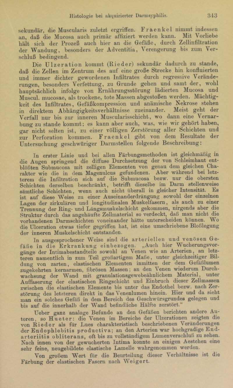 sekundär, die Muscularis zuletzt ergriffen. Fraenkel nimmt indessen an, daß die Mucosa auch primär afhziert werden kann. Mit Vorliebe hält sich der Prozeß auch hier an die Gefäße, durch Zellinfiltration der Wandung, besonders der Adventitia, Verengerung bis zum Ver- schluß bedingend. Die Ulzeration kommt (Rieder) sekundär dadurch zu stände, daß die Zellen im Zentrum des auf eine große Strecke hin konfluierten und immer dichter gewordenen Infiltrates durch regressive Verände- rungen, besonders Verfettung, zu Grunde gehen und samt der, wohl hauptsächlich infolge von Ernährungsstörung lädierten Mucosa und Muscul. mucosae, als trockene, tote Massen abgestoßen werden. Mächtig- keit des Infiltrates, Gefäßkompression und anämische Nekrose stehen in direktem Abhängigkeitsverhältnisse zueinander. Meist geht der Verfall nur bis zur inneren Muscularisschicht, wo dann eine Vernar- bung zu stände kommt: es kann aber auch, was, wie wir gehört haben, gar nicht selten ist, zu einer völligen Zerstörung aller Schichten und zur Perforation kommen. Fraenkel gibt von dem Resultate der Untersuchung geschwüriger Darmstellen folgende Beschreibung: In erster Linie und bei allen Färbungsmethoden ist gleichmäßig in die Augen springend die diffuse Durchsetzung der von Schleimhaut ent- blößten Submucosa mit zeitigen Elementen von genau dem gleichen Cha- rakter wie die in dem Magenulcus gefundenen. Aber während bei letz- terem die Infiltration sich auf die Submucosa bezw. nur die obersten Schichten derselben beschränkt, betrifft dieselbe im Darm stellenweise sämtliche Schichten, wenn auch nicht überall in gleicher Intensität. Es ist auf diese Weise zu einer Auseinanderdrängung sowohl der einzelnen Lagen der zirkulären und longitudinalen Muskelfasern, als auch zu einer Trennung der Ring- und Längsmuskelschicht gekommen, nirgends aber die Struktur durch das angehäufte Zellmaterial so verdeckt, daß man nicht die vorhandenen Darmschichten voneinander hätte unterscheiden können. Wo die Ulceration etwas tiefer gegriffen hat, ist eine umschriebene Bloßlegung der inneren Muskelschicht entstanden. In ausgesprochener Weise sind die arteriellen und venösen Ge- fäße in die Erkrankung einbezogen. „Auch hier Wucherungsvor- gänge der Intimabestandteile sowohl an Venen wie an Arterien, an letz- teren namentlich in zum Teil großartigem Maße, unter gleichzeitiger Bil- dung von zarten, elastischen Elementen inmitten der dem Gefäßlumen zugekehrten kernarmen, fibrösen Massen; an den Venen wiederum Durch- wachsung der Wand mit granulationsgewebeähnlichem Material, unter Auffaserung der elastischen Ringschicht und Einbruch dieser Zellmassen zwischen die elastischen Elemente bis unter das Endothel bezw. nach Zer- störung des letzteren direkt in das Venenlumen hinein. Hier und da sieht man ein solches Gefäß in dem Bereich des Geschwürsgrundes gelegen und bis auf die innerhalb der Wand befindliche Hälfte zerstört.“ Ueber ganz analoge Befunde an den Gefäßen berichten andere Au- toren, so Hu et er: die Venen im Bereiche der Ulzerationen zeigten die von Rieder als für Lues charakteristisch beschriebenen Veränderungen der Endophlebitis productiva; an den Arterien war hochgradige End- arteriitis obliterans, oft bis zu vollständigem Lumenverschluß zu sehen. Nach innen von der gewucherten Intima konnte an einigen Aestchen eine sehr feine, neugebildete elastische Lamelle wahrgenommen werden. Von großem Wert für die Beurteilung dieser Verhältnisse ist die Färbung der elastischen Fasern nach Weigert.
