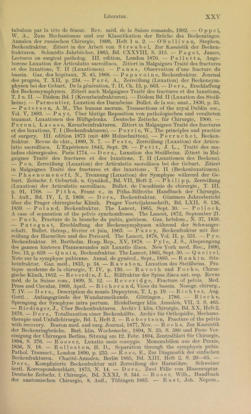 tabiiluni ])ar la tete de. feinur. Rev. med. de la Suisse romande, 1902. — O j) p e 1, W. A., Zum Meclianismus und zur Klassifikation der Brüche des Beckeminges. Annalen der russischen Chirurgie, 1899, Heft 1 u. 2. — O’S u 11 i v a n, Stephen, Beckenfraktur. Zitiert in der Arbeit von S t r e u b e 1, Zur Kasuistik der Becken- frakturen. Schmidts Jahrbücher, 1865, Bd. CXXVIII, S. 315. — Paget, James, Lectures on surgical patholog. III. edition, London 1870. — P a 11 e 11 a. Ange- borene Luxation der Articulatio sacroiliaca. Zitiert in Malgaignes Traite des fractures et des luxations, T. II (Imxationen). — Panas, Observation d’une fracture du bassin. Gaz. des hopitaux, N. 45, 1868. — P a ]) a v o i n e, Beckenfraktur. Journal des progres, T. XII, p. 234. — P a r e, A., Zerreißung (Luxation) der Beckensym- physen bei der Geburt. De la generation, J’. II, Ch. 13, p. 663. — Der s., Erschlaffung der Beckensymphysen. Zitiert nach Malgaignes Ih-aitc des fractures et des luxations, T. I u. IT. — Ibidem Bd. I (Kreuzlxjinfrakturen). — Ibidem Bd. 11 (Luxation des Steiß- beins). — Parment ier, Luxation des Darmbeins. Bullet, de la soc. anat., 1830, p. 35, — P a t e r s o n, A. ^I., The human sacrum. Transactions of the royal Dublin soc., Vol. V, 1893. — Payr, über blutige Reposition von pathologischen und veralteten traumat. Luxationen des Hüftgelenks. Deutsche Zeitschr. für Chirurgie, 1900. — Peroni, Lacase, Kreuzbeinfrakturen. Zitiert in Malgaignes Traite des fractirres et des luxations, T. I (Beckenfrakturen). — P e r r i e, W., The principles and practice of .surgery. III. edition 1873 (mit 490 Holzschnitten). — Pcrruchet, Becken- fraktur. Revue de chir., 1889, X. 7. — Feste, Zerreißung (Luxation) der Articu- latio sacroiliaca. L’Experience 1843, Sept. 28. — Petit, J. L., Traite des ma- ladies chirurgicales. Paris 1774. — Ders., Luxation des Steißbeins. Zitiert in Mal- gaignes ITaite des fractures et des luxations, T. II (Lu.xationen des Beckens). — P 0 u, Zerreißung (Luxation) der Articulatio sacroiliaca bei der Geburt. Zitiert in ^lalgaignes Traite des fractures et des luxations, T. II (Beckenluxationen). — P h a e n o m e n o f f. N., Trennung (Luxation) der Symphyse während der Ge- burt. Zeitschr. f. Geburtsh. u. Gynäkol., Bd. VH, Heft 2. — Philipp, Zerreißung (Luxation) der Articulatio sacroiliaca. Bullet, de racademie de Chirurgie, T. IIL p. 91, 1768. — P i t h a, Franz v., in Pitha-Billroths Handbuch der Cliirurgie, 1. Auf!., Bd. IV, I, 2, 1868. — Der s., Beckenfraktur. Güntners Jahresbericht über die Prager chirurgische Klinik. Prager Viertcljahrsschrift, Bd. LXII, S. 136, 18,59. — P o 1 a n d, Beckenfraktur. The Lancet, 186.5, Sept. .30. — Pollock. A case of Separation of the pelvic synchondroses. The Lancet, 1872, September 21. — P u c h, Fracture de la brauche du ])ubis, guerison. Gaz. hebdom., N. 37, 1856. — P u t 0 g n a t, Erschlaffung der Beckensymj)hysen während der Schwanger- schaft. Bullet, therap., fevrier et juin, 1863. — P u z e y, Beckenfraktur mit Zer- reißung der Harnröhre und des Pericard. The Lancet, 1878, Vol. 11. j). ,331. - Pye, Beckenfraktur. St. Bartholm. Hosp. Rep., XV, 1878. — P y 1 e, J. S.. Absprengung des ganzen hinteren Pfannenrandes mit Luxatio iliaca. New York med. Rec., 1890, Dec. 1.3, p. 659. — i) u a i n, Beckenfraktur. The Lancet, 1865, Sej)t. 30. — Q u e i r e 1, Note sur la symphyse pubiennc. Annal. de gynecol., Sept., 1895. — R a n k i n, Sitz- beinfraktur. Gaz. med., 18.3.3, p. 34. — R a v a t o n, Luxation des Steißbeins. Pra- tique moderne de la Chirurgie, T. IV, p. 130. — R a v o t h und F o c k e, (Lirur- gischo Klinik, 1852. — R e verdi n. J. L., Rißfraktur der Spina iliaca ant. sup. Revue med. de la Sui.ssc rom., 1899, X. 12. — R e v e r i d g e, Fracture of pelvis. Med. Press and Cärcular, 1861t, April. — R i c h e r a n d, Vices du bassin. Xosogr. Chirurg.. T. IV. — Der s., Description du musee Dupujdren, T. I, p. 19. — Richter, Aug. Gottl. , Anfangsgründe der Wundarzneikunde. Göttingen, 1786. — R i e c k e, Sprengung der Svmphyse intra partum. Heidelberger klin. Ann.alen. VH, 3. S. 465. — Riedinger, J., Über Beckenfrakturen. Archiv f. klin. Chirurgie, Bd. XX, Heft 2, 1876. — Ders., Totalluxation einer Beckenhälfte. Archiv für Orthopädie, 31cchano- therapie und LTifalleinrurgie, Bd. 1. Heft 3. — Robertson, Fracture of the pehäs with recovery. Boston med. and surg. Journal, 1877, Xov. — R o c h s. Zur Kasuistik der Beckenringbrüche. Berl. klin. Wochenschr., 1894, X. 2.5, S. 580 und Freie Ver- einigung der Cliirurgen Berlins, Sitzung am 12, Febr, 1894, Zentralblatt für Chirurgie, 1894, S. 376. — R o e s e r, Luxatio ossis coccygis. ^lemorabilien aus der Praxis, 1856, X. 18. — R o 11 e s t o n, H. D., Separation through the symj)hysis pubis. Pathol. Transact., London 1890, p. 2.35. — Rose, E., Zur liiagnostik der einfachen Beckenfrakturen. Charite-Annalen, Berlin 1865, Bd. XHI, Heft 2, S. 20—65. — Ders., Komplizierte Beckenfraktur mit Zerreißung der Harnröhre. Schweizer ärztl. KorrespondenzlJatt, 1875, X. 14. — D e r s.. Zwei Fälle von Bla.senruptur. Deutsche Zeitschr. f. Chirurgie. Bd. XXXI, S. 344. — Roser, Wilh., Handbuch der anatomischen Chirurgie, 8. Aull., Tübingen 1883. — Rust, Job. Xepom.,