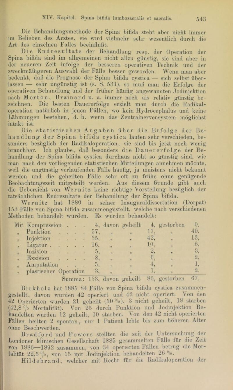 Die Behandlungsmethode der Spina bifida steht aber nicht immer im Belieben des Arztes, sie wird vielmehr sehr wesentlich durch die Art des einzelnen Falles beeinflußt. Die Endresultate der Behandlung resj). der Operation der Spina bifida sind im allgemeinen nicht allzu günstig, sie sind aber in der neueren Zeit infolge der besseren o])erativen Technik und der zweckmäßigeren Auswahl der Fälle besser geworden. Wenn man aber bedenkt, daß die Prognose der Spina bifida cystica — sich selbst über- lassen — sehr ungünstig ist (s. S. 531), so muß man die Erfolge der ojierativen Behandlung und der früher häufig angewandten Jodinjektion nach Morton, Brainard u. a. immer noch als relativ günstig be- zeichnen. Die besten Dauererfolge erzielt man durch die Badikal- operation natürlich in jenen Fällen, avo kein Hydrocephalus und keine Lähmungen bestehen, d. h. Avenn das Zentralnervensystem intakt ist. Die statistischen Angaben über die Erfolge der Be- handlung der Spina bifida cystica lauten sehr verschieden, be- sonders bezüglich der Badikaloperation, sie sind bis jetzt noch Avenig brauchbar. Ich glaube, daß besonders die Dauererfolge der Be- handlung der Spina bifida cystica durchaus nicht so günstig sind, Avie man nach den vorliegenden statistischen Mitteilungen annehmen möchte. Aveil die ungünstig verlaufenden Fälle häufig, ja meistens nicht bekannt werden und die geheilten Fälle sehr oft zu frühe ohne genügende Beobachtungszeit niitgeteilt Averden. Aus diesem Grunde gibt auch die Uebersicht von Wernitz keine richtige Vorstellung bezüglich der tatsächlichen Endresultate der Behandlung der Spina bifida. Wernitz hat 1880 in seiner Inauguraldissertation (Dorpat) 153 Fälle von Spina bifida zusammengestellt, Avelche nach verschiedenen möglichst Methoden behandelt avui den. Es Avurden behandelt: Mit Kompression . 4. davon geheilt 4, gestorben 0, n Punktion .... 57, fl fl 17, fl 40, Injektion .... 55, fl fl 42, fl 13, jf Ligatur 16, fl 10, fl <>, Inzision h, fl 9 fl 3, Exzision .... 8, •* 6. fl o fl Amputation •N fl 4, fl 1, plastischer ()peration 8, fl - 1, fl 2. Summa: 153, davon geheilt 86, gestorben 67. Birkholz hat 1885 84 Fälle von Spina bifida cystica zusammen- gestellt, davon Avurden 42 operiert und 42 nicht operiert. Von den 42 Operierten Avurden 21 geheilt (50 ^/o), 3 nicht geheilt, 18 starben (42,8 ‘’/o Mortalität). V’^on 25 durch Punktion und Jodinjektion Be- handelten Avurden 12 geheilt, 10 starben. Von den 42 nicht operierten \ Fällen heilten 2 spontan, nur 1 Patient lebte bis zum höheren Alter ohne BescliAverden. Bradford und PoAvers stellten die seit der Untersuchung der i Londoner klinischen Gesellschaft 1885 gesammelten Fälle für die Zeit !', A'^on 1886—1892 zusammen, von 34 operierten Fällen betrug die Mor- j. talität 22,5 “/o, von 15 mit Jodinjektion behandelten 26 ^/o. 5 Hildebrand, Avelcher mit Recht für die Radikaloperation der