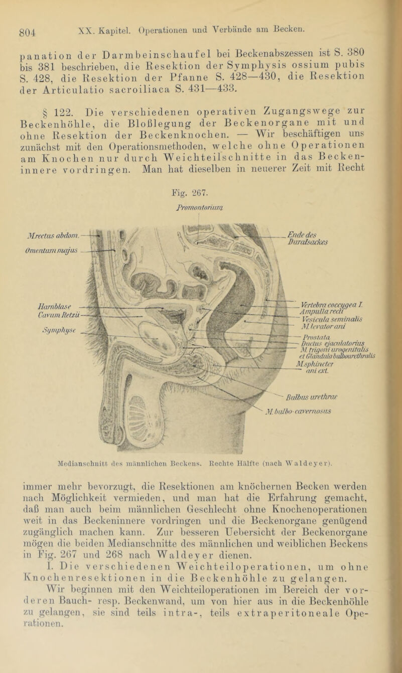 panation der Darmbeinscliaiifel bei Beckenabszessen ist S. 380 bis 381 beschrieben, die Resektion der Symphysis ossium pubis S. 428, die Resektion der Pfanne S. 428—430, die Resektion der Articulatio sacroiliaca S. 431—433, § 122. Die verschiedenen operativen Zugangswege zur Beckenhühle, die Bloßlegung der Beckenorgane mit und ohne Resektion der Beckenknochen. — Wir beschäftigen uns zunächst mit den Operationsmethoden, welche ohne Operationen am Knochen nur durch Weichteilschnitte in das Becken- innere Vordringen. Man hat dieselben in neuerer Zeit mit Recht Fig. 267. Promontnrinni Mrectus abdom. ümentam niqjas Ende des Duralsackes Harnblase Cavam Retzii iSynipbyse Vertebra cocci/gea I. Ampullaredi Vesicida srminalis M. Icvatorani ■ Prostata Dactus ejacidatorius M trigoni urogrnitalis et CdmdidabimourctJmjlis MsphüicU'T nni cxL. Balbas urcthrar M biübo cavernosus Mediiinschnitt <les iiKiinilicheii Beckens. Beeilte Hälfte (nach Waldeyev)- immer mehr bevorzugt, die Resektionen am knöchernen Becken werden nach Mögliclikeit vermieden, und man hat die Erfahrung gemacht, daß man auch lieim männlichen Geschlecht ohne Knochenoperationen weit in das Beckeninnere Vordringen und die Beckenorgane genügend zugänglich machen kann. Zur besseren Uebersicht der Beckenorgane mögen die beiden Medianschnitte des männlichen und weiblichen Beckens in Fig. 267 und 268 nach Waldeyer dienen. 1. Die verschiedenen Weichteiloperationen, um ohne K n 0 chenresekt i0nen in die B eckenhöh 1 e zu e 1 an en. Wir beginnen mit den Weichteiloperationen im Bereich der vor- deren Bauch- resj). Beckenwand, um von hier aus in die Beckenhöhle zu gelangen, sie sind teils intra-, teils extraperitoneale Ope- rationen.