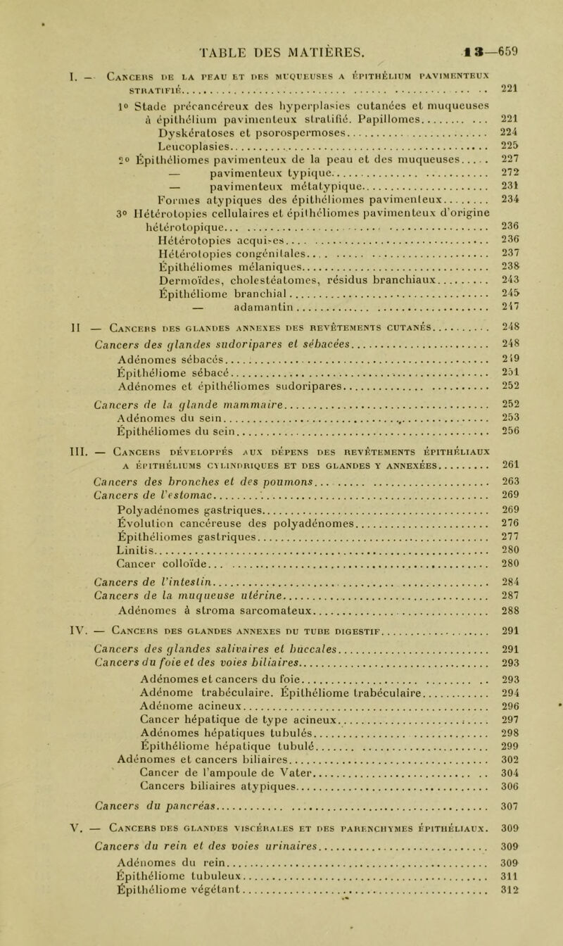 1. — CaKCEUS IIE LA PEAU ET UES Mrgi'EUSES A ÉPITHÊLIIIM PAVIMIÎNTBUX STIIATIFIÉ 221 1® Stade précancéreux des hypcrfilasies cutanées et muqueuses i\ épithélium paviniciiteux stratifié. Papillomes 221 Dyskératoses et psorospermoses 224 Leucoplasies 225 2® Épithéliomes pavimenteu.x de la peau et des muqueuses 227 — pavimenteux typicpie 272 — pavimenteux métatypique 231 Formes atypiques des épithéliomes pavimenteux 234 3® Ilétérotopies cellulaires et épiihéliomes pavimenteux d’origine hétérotopique 236 Hétérotopics acqui>es 236 Hétérolopies congénilales 237 Épithéliomes mélaniques 233 Dermoïdes, cholestéatomes, résidus branchiaux 243 Épithéliomc branchial 245 — adamantin 217 Il CaNCEUS riES GI.AMIES ANKEXES UES REVÊTEMENTS CUTANES 248 Cancers des glandes sudoripares el sébacées 248 Adénomes sébacés 219 Épithéliomc sébacé 251 Adénomes et épithéliomes sudoripares 252 Cancers de la glande mammaire 252 Adénomes du sein 253 Épithéliomes du sein 256 III. — Cancers développés aux dépens des revêtements épithéliaux A ÉPITHÉLIUMS CYLINDRIQUES ET DES GLANDES Y ANNEXÉES 261 Cancers des bronches el des poumons... 263 Cancers de Vestomac '. 269 Polyadénomes gastriques 269 Évolution cancéreuse des polyadénomes 276 Épithéliomes gastriques 277 Linitis 280 Cancer colloïde 280 Cancers de l’inteslin 284 Cancers de la muqueuse utérine 287 Adénomes à stroma sarcomateu.x 288 IV. — Cancers des glandes annexes nu tude digestif 291 Cancers des glandes salivaires el buccales 291 Cancers du foie et des voies biliaires 293 Adénomes et cancers du foie 293 Adénome trabéculaire. Épithéliomc trabéculaire 294 Adénome acineux 296 Cancer hépatique de type acineux ;.... 297 Adénomes hépatiques tubulés 298 Épithéliomc hépatique tubulé 299 Adénomes et cancers biliaires 302 Cancer de l’ampoule de Vater 304 Cancers biliaires atypiques 306 Cancers du pancréas 307 V. — Cancers des glandes viscérales et des parenchymes épithéliaux. 309 Cancers du rein el des voies urinaires 309 Adénomes du rein 309 Épithéliomc tubuleux 311 Épithéliomc végétant 312