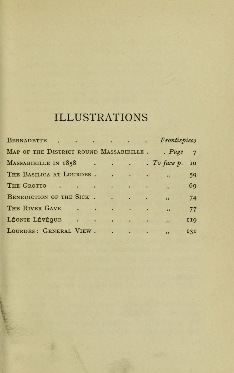 ILLUSTRATIONS Bernadette • • Frontispiece Map of the District round Massabieille . . Page 7 Massabieille in 1858 To face p. 10 The Basilica at Lourdes . ,, 59 The Grotto »} 69 Benediction of the Sick . 11 74 The River Gave »» 77 L&ONIE L£visQUE > 1 119 Lourdes : General View . 11 131