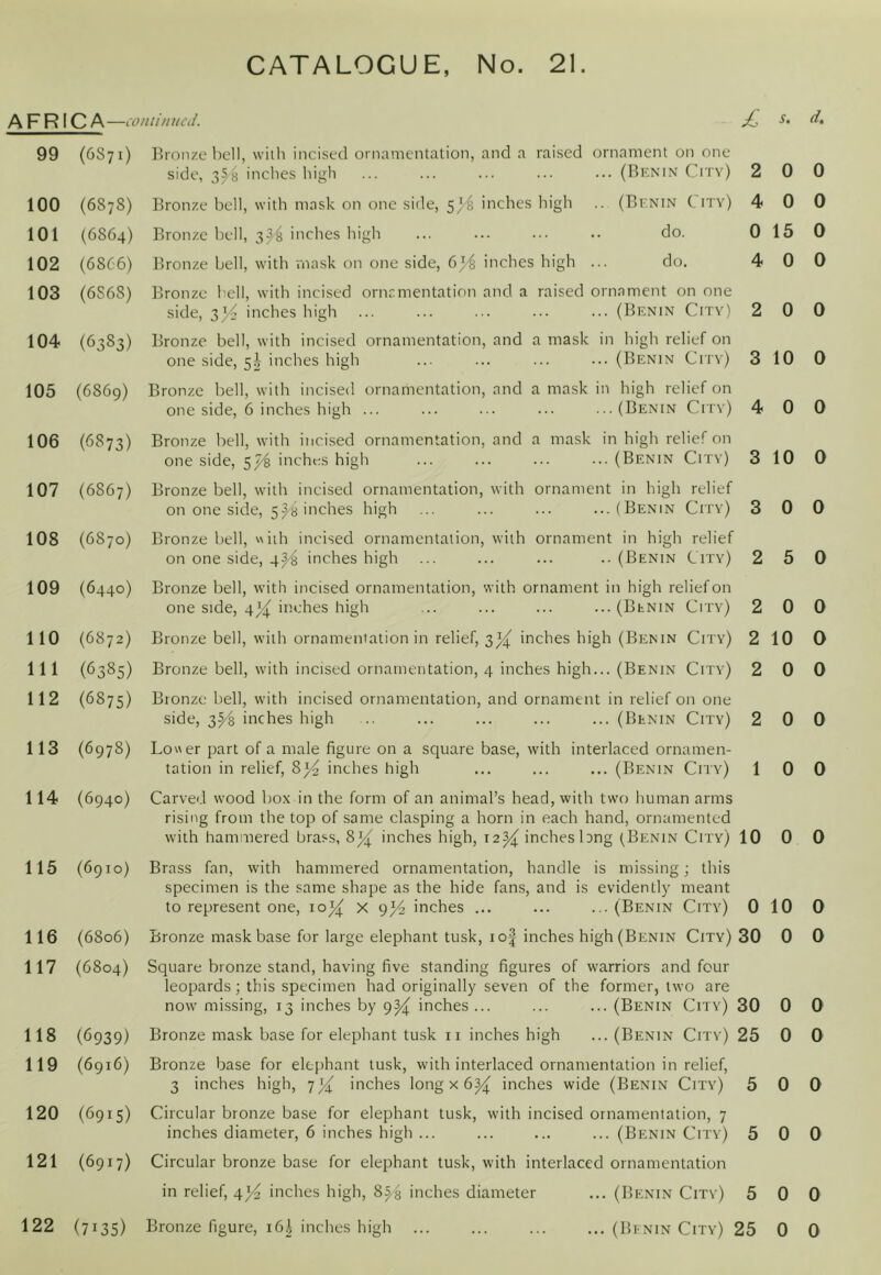 AFRICA —coniinucd. Ji.- 99 (6871) 100 (6878) 101 (6S64) 102 (6866) 103 (6868) 104 (6383) 105 (6869) 106 (6873) 107 (6867) 108 (6870) 109 (6440) no (6872) 111 (6385) 112 (6875) 113 (6978) 114 (6940) 115 (6910) 116 (6806) 117 (6804) 118 (6939) 119 (6916) 120 (6915) 121 (6917) 122 (7135) Bronze bell, with incised ornamentation, and a raised ornament on one side, 35^ inches high ... ... ... ... (Benin Citv') 2 Bronze bell, with mask on one side, 5^ inches high .. (Benin City) 4 Bronze bell, 3^6 inches high ... ... ... .. do. 0 Bronze bell, with mask on one side, inches high ... do, 4 Bronze hell, with incised ornamentation and a raised ornament on one side, 3)/^ inches high ... ... ... ... ... (Benin C'ity) 2 Bronze bell, with incised ornamentation, and a mask in high relief on one side, inches high ... ... ... ... (Benin City) 3 Bronze bell, with incised ornamentation, and a mask in high relief on one side, 6 inches high ... ... ... ... ...(Benin City) 4 Bronze bell, with incised ornamentation, and a mask in high relief on one side, 5^ inches high ... ... ... ... (Benin City) 3 Bronze bell, with incised ornamentation, with ornament in high relief on one side, 5^1) inches high ... ... ... ...(Benin City) 3 Bronze bell, «ith incised ornamentation, with ornament in high relief on one side, 4^ inches high ... ... ... .. (Benin City) 2 Bronze bell, wdth incised ornamentation, with ornament in high reliefon one side, 4^ inches high ... ... ... ... (Benin City) 2 Bronze bell, with ornamentation in relief, 3^^ inches high (Benin City) 2 Bronze bell, whth incised ornamentation, 4 inches high... (Benin City) 2 Bronze bell, with incised ornamentation, and ornament in relief on one side, 3^ inches high ... ... ... ... ... (Benin City) 2 Loer part of a male figure on a square base, with interlaced ornamen- tation in relief, 8}i inches high ... ... ... (Benin City) 1 Carved wood box in the form of an animal’s head, with two human arms rising from the top of same clasping a horn in each hand, ornamented with hammered brass, 8^ inches high, 12^ inches bng (Benin City) 10 Brass fan, with hammered ornamentation, handle is missing; this specimen is the same shape as the hide fans, and is evidently meant to represent one, 10^ x inches ... ... ... (Benin City) 0 Bronze mask base for large elephant tusk, roj inches high (Benin City) 30 Square bronze stand, having five standing figures of warriors and four leopards; this specimen had originally seven of the former, two are noAv missing, 13 inches by 9^ inches ... ... ... (Benin City) 30 Bronze mask base for elephant tusk ii inches high ... (Benin City) 25 Bronze base for elephant tusk, with interlaced ornamentation in relief, 3 inches high, inches long x 6^ inches wide (Benin City) 5 Circular bronze base for elephant tusk, with incised ornamentation, 7 inches diameter, 6 inches high ... ... ... ... (Benin City) 5 Circular bronze base for elephant tusk, with interlaced ornamentation in relief, 4)^ inches high, 8^ inches diameter ... (Benin City) 5 Bronze figure, i6i inches high (Benin City) 25 s. d, 0 0 0 0 15 0 0 0 0 0 10 0 0 0 10 0 0 0 5 0 0 0 10 0 0 0 0 0 0 0 0 0 10 0 0 0 0 0 0 0 0 0 0 0 0 0 0 0