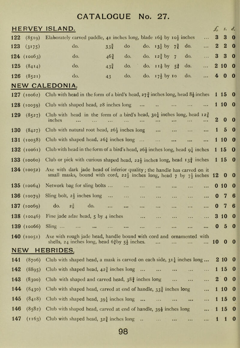 HERVEY ISLAND. 122 (8519) Elaborately carved paddle, 41 i nches long. blade i6j by 10^ inches ... 3 123 (3175) do. 33f do do. cr 7f do. ... 2 124 (10063) do. 46! do. do. i2| by 7 do. ... 3 125 (8414) do. 43f do. do. iij by Si do. ... 2 126 (8521) do. 43 do. do. I?! by 10 do. ... 4 NEW CALEDONIA. 127 (10062) 128 (10059) 129 (8527) 130 (8427) 131 (10058) 132 (10061) 133 (10060) 134 (10052) 135 (10064) 136 (10079) 137 (10069) 138 (10046) Club with head in the form of a bird’s head, 27I inches long, head 8^ inches Club with shaped head, 28 inches long Club with head in the form of a bird’s head, 30^ inches long, head i2| inches Club with natural root head, 26^ inches long Club with shaped head, 26^ inches long ... Club with head in the form of a bird’s head, 26^ inches long, head 9^ inches Club or pick with curious shaped head, 22J inches long, head 13! inches Axe with dark jade head of inferior quality; the handle has carved on it small masks, bound with cord, 22^ inches long, head 7 by -jh inches Network bag for sling bolts ... Sling bolt, 2h inches long do. 2| do. Fine jade adze head, 5 by 4 inches 139 (10066) Sling ... 140 (10051) Axe with rough jade head, handle bound with cord and ornamented with shells, 24 inches long, head 6|by 5J inches. NEW HEBRIDES. 1 1 2 1 1 1 1 12 0 0 0 3 0 10 141 (8706) 142 (8895) 143 (8300) 144 (8430) 145 (8418) 146 (8582) 147 (1163) Club with shaped head, a mask is carved on each side, 314- inches long .. Club with shaped head, 424 inches long ... Club with shaped and carved head, 38 J inches long Club with shaped head, carved at end of handle, 33I inches long Club with shaped head, 39]; inches long ... Club with shaped head, carved at end of handle, 39^ inches long Club with shaped head, 32I inches long .. 2 1 2 1 1 1 1 s. d. 3 0 2 0 3 0 10 0 0 0 15 0 10 0 0 0 5 0 10 0 15 0 15 0 0 0 10 0 7 6 7 6 10 0 5 0 0 0 10 0 15 0 0 0 10 0 15 0 15 0 1 0