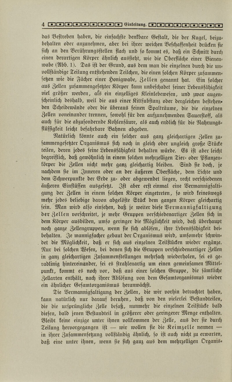 ba§ ^eftreben Ijabeii, bie eiufadjfte benfbare ©eftalt, bie ber tilget, beiju» betjalten über anäune()men, aber bei i(}ver roeidjen 33efd)affenf)eit brücfen fie fid) an beii ^eviit)rung§fteüen ftad) unb fo fonnnt e§, ba^ ein ©d)nitt biirdj einen berartigen 5lürpcr nt)ntid) an§fie()t, luie bie Dberf(äd)e einer 33ienen= inabe (Stbb. 1). ®a§ ift ber ©rnnb, au§ bem man bie einjetnen bnrd) bie nn* uonftänbigc S:eilnng entftetjenben Steileren, bie einen fotd^en Körper snfammen* fe^en mie bie ^äd)er einer ^onigroabe, fetten genannt ^t. ©in fotd)er au§ Betlen §nfammengefe^ter 5?ürper f'ann nnbefdjabet feiner Seben5fäf)igfeit nie! größer merben, nf§ ein einsetligeS ^teintebemefen, nnb ^ronr augen= fd)einUd) be§t)atb, roeit bie au§ einer Äittfnbftan§ ober bergteidjen hefteten» ben ©djeibemänbe ober bie überaus feinen ©patträume, bie bie ein,^etnen gelten uoneinanber trennen, fomot)t für ben aufäunet)menben ©auerftoff, ats and) für bie ab§ufonbernbe ^ot)tenfäure, at§ and) enbtid) für bie 91at)rung§* ftüffigfeit leidet befahrbare 33af)nen abgeben. 9]atürtid) f'önnte and) ein fotdjer an§ ganj gteidjartigen Bitten ju* fammengefehter Organismus fid) nod) in gteid) ober ungteid) gro^e ©tüde teiten, bereu jebeS feine SebenSfät)igfeit behatten mürbe. @S ift aber teid)t begreiftid), ba^ geraöt)ntid) in einem fotdjen met)r(^ettigen 2ier= ober ^^ftanjen= f'örper bie ^ßlien nid)t met)r ganj gteid)artig bleiben, ©inb fie hoch, je nad)bem fie im inneren ober an ber äußeren Oberftäd)e, bem Sid)te unb bem ©d)raerpunf'te ber ©rbe jn^ ober abgeroenbet tiegen, red)t oerfd)iebenen änderen ©inftüffen auSgefe^t. ^ft aber erft einmal eine 33ermannigfatti* gung ber fetten in einem foId)en Körper eingetreten, fo rairb f’eineSroegS mehr febeS beliebige baoon abgetöfte ©tüd bem ganzen Körper gteid)artig fein. 9Jtan mirb atfo einfehen, ba^ je roeiter biefe SSermannigfaltigung ber^ßtien uorfd)reitet, je mehr ©ruppen uerfchiebenartiger bem 5t'örper auSbilben, umfo geringer bie 9Jtügtid)f'eit rairb, ba§ überhaupt noch 901156 ^ßttengruppen, raenn fie fid) abtöfen, ihre SebenSfähigf'eit bei* behalten, ^e mannigfad)er gebaut ber Organismus rairb, umfomehr fd)rain* bet bie SJtoglichfeit, ba^ er fid) auS einjelnen Steilftüden raieber ergänze. 'Dhir bei foli^eu 3Befen, bei benen fid) bie ©nippen r)erf(^iebenartiger ^ßi^^n in ganj gleid)artigen ^ofonimenftellungen mehrfai^ raiebei’holen, fei eS ge= rablinig hintereinanber, fei eS ftrahlenartig um einen gemeinfamen 9Jtittet= punft, f’ommt eS nod) nor, ba^ auS einer fotchen ©nippe, bie fämtlid)e ßetlarten enthält, nad) ihrer Slblöfung uon bem ©efamtorganiSmuS raieber ein ähutid)er ©efamtorganiSmuS t)6i^oiiii’öd)ft. iDie 33ermannigfaltigung ber ßellen, bie rair r)ort)in betrad)tet hoben, fann natürlid) nur barauf beruhen, ba^ oon ben uielerlei Q3eftanbteilen, bie bie nrfprünglid)e 3elle befa^, nunmehr bie einsetnen Seitftüde halb biefen, halb jenen ^eftanbteit in größerer ober geringerer Sltenge entholtcn. 'bleibt feine einzige unter ihnen oollfommen ber 3etle, auS ber fie burd) Teilung heroorgegangen ift — rair raollen fie bie 5^ei 1115eile nennen — in ihrer 3ofommenfet3ung uollftänbig ähnlich, fo ift and) nicht 511 erraarten, baf) eine unter ihnen, raenn fie fid) gang anS bem mehrseitigen OrganiS*