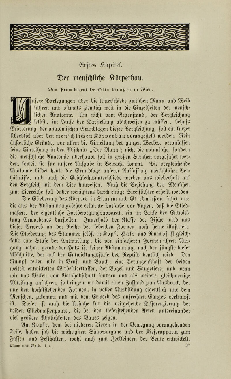 (£rftG5 Kapitel Der men[(^li(^e i^örperbau. 5,'on 'PviimtbOfiOiit Dr. Otto ©ruf}er in ‘ilMi’ii. nfeve Darlegungen über bie llnterfd)iebe jinifdjen 9}]ann nnb Sßeib führen un§ oftmals jiendid) meit in bie ©injeltjeiten ber menfd)» {id)en 3tnatomie. Ilm nid)t oom ©egenftanb, ber 23ergleid)ung lö felbft, im Saufe ber Darfteüung abfd)meifen gn müffen, bel)nf§ (Srörlernng ber anatomifdjen ©rnnblagen biefer 5BergIeidjung, fott ein f'urga- iiberbtid über ben m e n f d) I i d) e n ^ ö rp e r b a n oorangeftedt merben. 9lein äu^erlid)e ©rünbe, oor adern bie ©inteitung beS gangen SBerf'eS, oeranlaffen feine @inreif)nng in ben 2(bfd)nitt „Der ddnnn; nid)t bie männlid)e, fonbern bie menfd^lid)e SInatomie überl^aupt fod in grofien ©trid)en r)orgefül)rt mer= ben, fomeit fie für nnfere Slufgabe in 33etrad)t fommt. Die üergteid)enbe 3lnatomie bitbet t)ente bie ©runbtage nnferer 2tnffaffnng menfd)Iid)er 2Ser= t)ättniffe, nnb anc^ bie @efd)ted)t§unterfd)iebe merben un§ roiebert)ott auf ben 33ergteid) mit bem Dier fiinroeifen. 2tud) bie 33egiet)ung beS 9Jlenfd)en gum Dierreict)e fod batjer menigftenS burd) einige ©treiftid)ter ert)edt merben. Die ©tieberung beS Körpers in ©tamm nnb ©tiebma^en füt)rt unS bie au§ ber 3tbftammungStef)re erfannte Datfad)e oor Stugen, ba| bie ©tieb= ma^en, ber eigentlid)e g^ortbemegungSapparat, ein im Saufe ber @ntmicf= lung ©rmorbeneS barfteden. ^nnert)atb ber Maffe ber ^ifd)e mirb un§ biefer ©rmerb an ber 9ieit)e ber tebenben formen nod) t)eute iduftriert. Die ©lieberung beS ©tammeS fetbft in ^opf, ^at§ nnb 9lnmpf ift gteid)* fadS eine ©tufe ber ©ntmicftung, bie uon einfalleren g^ormen-ifiren S(u§= gang nat)m; gerabe ber ^atS ift feiner Stbftammung nad) ber jüngfte biefer 3tbfd)nitte, ber auf ber ©ntmidtungSftufe beS SleptitS beutlid) mirb. Den Slumpf teilen mir in ®ruft nnb iöau^, eine ©rrungenfdjaft ber beiben meiteft entmidetten SBirbettierttaffen, ber Söget nnb ©öugetiere; nnb menn mir baS Secfen oom Saud)abfd)nitt fonbern nnb atS meitere, gteid)mertige Stbteitung anfüt)ren, fo bringen mir bamit einen 3uftanb gum 2tu§brud, ber nur ben f)öd)ftftet)enben formen, in ooder 2tu§bitbung eigenttid) nur bem 9Jlenfd)en, guf'ommt nnb mit bem ©rmerb beS aufred^ten ©angeS oerfnüpft ift. Diefer ift and) bie Urfad)e für bie meitget)enbe Differengierung ber beiben ©tiebma^enpaare, bie bei ben tieferftet)enben 2trten untereinanber üiet größere 2lt)ntic^f'eiten beS SaueS geigen. 5tm ^opfe, bem bei nieberen Dieren in ber Semegung uoranget)enben Deite, t)aben fid) bie mid)tigften ©inneSorgane nnb ber Äieferapparat gum f^affen nnb g^eftbatten, mot)t and) gum ßerfteinern ber Seute entmicfett. SDJniiii itiib SQciD. I. i. S3*