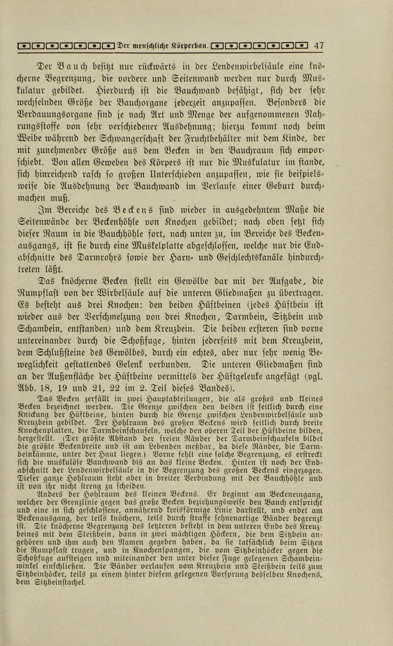 3)ei' n u clj befiljt miv vücfiuiivtg in bev Senbeniuivbeliäiife eine fnü= cl)evne ’öeiu’enjunfl, bie uüvbeve nnb «Seitenuuinb luevben mir biivd) 9)hi§= fntnliir gebilbet. ^lievbnrd) ift bie 58nnd)ivnnb befni)igt, fid) ber fe()r iued)fe(nben ©vöjse ber ^nnd)ürgane jeberjeit nnäiipaffen. ^efonberS bie liBerbniuingSorgane finb je und) 9(rt nnb 9}]enge ber nnfgenommenen rnng§ftüffe uon fe()r iierid)iebener 2(n§bef)nnng; ()ierjn fommt nod) beim ^IBeibe mä^renb ber ©d)mangerfd)aft ber 3^riid)tbei)n(ter mit bem iiinbe, ber mit jnne^menber ©rö^e an§ bem ^eden in ben '^and)rnum fid) empor* jd)iebt. SSon alten ©eroeben be§ 5?örper§ i[t mir bie 9Jhi§fnlatiir im ftnnbe, fid) ()inreid)enb rafd) fo großen nnterfd)ieben nnjupaffen, mie fie beifpielS* meife bie 3ln§bel)nnng ber ^and)ipnnb im SSerlanfe einer ©ebnrt biird)* mad)en mu^. Qm Q3ereic]^e be§ ^eden§ finb mieber in aiiSgebetjntem 9)labe bie ©eitenraänbe ber ^e(fen^üt)le uon 5?nod)en gebilbet; nad) oben fe^t fid) biefer fRnum in bie Söaud)f)ül)le fort, nad) unten ju, im ^ereid)e be§ Reefen* an§gang§, ift fie burd) eine 9)tu§telplatte abgefd)toffen, iuetd)e nur bie ($nb* abfd)nitte be§ S)armrol)r» foroie ber §nrn* unb ®efd)led)t§f'anäle ^inbnrd)* treten lä§t. 3)a§ fnüd)erne Seden ftellt ein ©emötbe bar mit ber 3lnfgabe, bie 9tumpflaft uon ber SBirbelfäuIe auf bie unteren ©Uebma^en 311 übertragen. ©§ beftef)t au§ brei £nod)en: ben beiben -Hüftbeinen (jebe§ Hüftbein ift mieber au§ ber 3>erfd)mel3ung oon brei ^noc^en, Darmbein, ©itjbein unb ©d)ambein, entftanben) unb bem Strenjbein. 2)ie beiben erfteren finb oorne untereinanber burd) bie ©d)0§fuge, f)inten feberfeit§ mit bem ^reujbein, bem ©^lu^fteine be§ ©eroölbe§, burd) ein ed)te§, aber nur fet)r loenig ^e* ipegUd)feit geftattenbe§ ©elenf oerbunbeu. 2)ie uutereu @Iiebma§eu finb an ber 2lu§enfläd)e ber Hüftbeine uermittelS ber Hüftgelenf'e angefügt (ogt. Slbb. 18, 19 unb 21, 22 im 2. Steil biefe§ Q3anbe§). ■Sag SSeefen serfnttt in siuei §nuptnbteitungen, bie atg gio^eg unb fteineg Seefen 6e5eid)net loevben. Sie ®renje jinifcben ben beiben ift feitticb burd) eine St'nid'ung ber Hüftbeine, I)inten burd) bie (Srenje äu)ifd)en Senbeniuirbetfäute nnb Srenjbein gebilbet. ‘5)er Ho^lraiun beg grof5en iöedeng luirb feitlidi burd) breite Slnod)enplütten, bie ®nrmbeinfd)nufeln, iüeld)e ben oberen Jeil ber Hüftbeine bilben, bergefteüt. C^er größte Qlbftnnb ber freien Dtänber ber ®nrmbeinfd)aufetn bitbet bie größte SSedenbreite unb ift om Sebenben meßbar, ba biefe Dlänber, bie ®nrm= beintämine, unter ber Hmd liegen.) Storne fef)tt eine fotd)e SBegrenjung, eg erftredt fid) bie mugfulöfe 58and)iuanb big an bng fleine töeden. Hinten ift nod) ber ®nb= abfd)nitt ber Cenbenioirbelfnute in bie töegrenäung beg großen SBedeng eingejogen. fSiefer gnuse Hof)Irainn ftei)t aber in breiter 93erbinbung mit ber t8and)^üt)[e unb ift oon it)r ni^t ftreng 511 fd)eiben. 'Knberg ber Hot)Iraum beg tleinen Söedeng. 6r beginnt am ®edeneingang, iüe[d)er ber ©renstfnie gegen bag grofie IBeden be5iet)unggiueife ben 93aud) entfprid)t unb eine in fid) gefd)Ioffene, annäf)ernb freigförmige Sinie barl'tellt, nnb enbet am töedenauggang, ber teilg tnüd)ern, teitg burd) ftraffe fe()nenartige ®änber begrenst ift. ®ie tnüd)erne tBegrenjung beg letjteren beftet)t in bem unteren ®nbe beg Streus- beineg mit bem Steifibein, bann in jmei nüid)tigen Sjödern, bie bem (Silsbein an* gef)ören nnb it)m auc^ ben Slamen gegeben l)aben, bn fie tatfäd)lid) beim ©itjen bie fKumpflaft tragen, unb in Knod)enfpangen, bie oom ©ißbein^oder gegen bie ©d)of5fuge nuffteigen unb miteinanber ben unter biefer fViige gelegenen ©c^ambein* minfel einfcl)lief3en. 5)ie 93änber oerlanfen oom Sreusbein nnb ©teiftbein teitg snm ©i^beint)öder, teitg jn einem t)inter biefem gelegenen Söorfprung begfelben Slnoi^eng, bem ©i^beinftndjet.