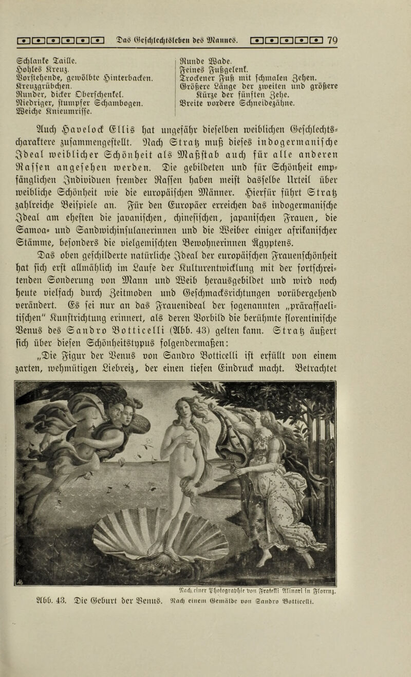 @d)Iaiife Saiflc. .•po^IeS Slveuj. 5yovfte()enbe, flcniülbtc >^‘>iutevtioften. Mrcu59vübd)en. JHuiiber, bicfev Obevfd^entct. SJiebriger, ftimipfev ©d)ambogen. 2Beid)e Stnieumviffe. flhinbc Sffiabe. geiue§ ^ufegefenf. ävodener mit fd)mnleii 3®^)®”- ©röfjevc Sänge ber jmeiten unb größere S^ürje bev fünften 3®^)®- SBveite unrbere ©d)neibejnl)nc. 9(ud) .^nuelorf ($IU§ I)at iinc\efäf)v biefelben lueiblidjen ©efdjfed)t§* d)avaftere sufammengeftellt. 9Jad) ©tra^ nutj3 biefe§ inbocfevniniiifc^e :3beal meiblidjer ©d)ön^eit al§ SJlaBftnb aud) für afle anbeven 9^ affen angefef)en in erben. 2)ie gebifbeten nnb für ©d)ünf)eit emp= fänglid^en 3’tbiüibnen freinber 9?affen ffaben ineift baSfetbe Urteil über nieiblid)e ©d)önl)eit une bie eurüpäifd)en SJinnner. hierfür füf)rt ©tra^ §al)lreid)e ^elfpiele an. 3^ür ben ©nropäer erreid)en ba§ inbogermanifd)e 3beal am ef)eften bie fananifdjen, d)inefifd)en, japanifd)en O^ranen, bie ©amoa» nnb ©anbmid)infnlanerinnen unb bie Seiber einiger afri!anif(^er ©tnmme, befonberS bie r)ielgemifd)ten Semolfnerinnen 'ilgi)pten§. ®a§ oben gefd)ilberte nntürlid)e .^^eal ber europäifd)en 3^rauenfd)önf)eit l)at fid) erft allinnljlid) im Saufe ber ilniturentmirflung mit ber fortfc^rei= tenben ©onberiing uon SJtann unb Seib ^erauSgebilbet unb mirb nod) Ijente oielfad) burd) 3sil'i^oben nnb ®efd)macf§rid;tungen oorübergeljenb oeränbert. fei nur an ba§ ^-rauenibeal ber fogenannten „präraffaeli= tifdjen i?nnftrid)tung erinnert, al§ bereu $3orbilb bie berüljinte florentinifd)e 93enu§ be§ ©anbro Botticelli (31bb. 43) gelten fann. ©tra^ äußert fid) über biefen ©d)ünf)cit§ti)pu§ folgenberma§en: „'2)ie 3^igur ber Benu§ oon ©anbro Botticelli ift erfüllt oon einem garten, ioel)mütigen Siebreij, ber einen tiefen ©inbrucl mac^t. Betrad)tet 9in(I| ctiifr Octogrnl'^if Von ^ratrtti ^ttiiiiiTi in 3(00. 43. 2)ic (yctmvt ticr 3>cnu§. 9!nrf) einem (iJenuilbe uon Snnbro 93ütlicellt.