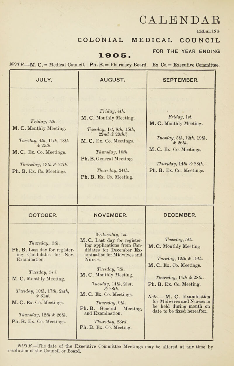 CALENDAR RELATING COLONIAL MEDICAL COUNCIL FOR THE YEAR ENDING X905. NOTE.—M. C.= Medical Council. Ph. B.= Pharmacy Board. Ex. Co.= Executive Committee. JULY. AUGUST. SEPTEMBER. Friday, 7th. ' M. C. Monthly Meeting. Ttiesday, ith, llth, ISth & 25th. M.C. Ex. Co. Meetings. Thursday, IWi d: 27th. Ph. B. Ex. Co. Meetings. Friday, \th. M.C. Monthly Meeting. Tuesday, Ist, 6th, \5th, 22nd & 2m.\ M.C. Ex. Co. Meetings. Thursday, \()th. Ph. B.General Meeting. Thursday, 24th. Ph. B. Ex. Co. Meeting. Friday, Ist. M.C. Monthly Meeting. Tuesday, 5th, \2th, 19<^, & 26th. M.C. Ex. Co. Meetings. Thursday, 14f^ & 28th. Ph. B. Ex. Co. Meetings. OCTOBER. NOVEMBER. DECEMBER. Thursday, 5lh. Ph. B. Last day for register- ing Candidates for Nov. Examination. Tuesday, '.'rd. M.C. Monthly Meeting. Tuesday, lOt/i, 17th, 2'ith, (C 31s<. M.C. Ex. Co. Meetings. Thursday, i2th & 26th. Ph. B. Ex. Co. Meetings. Wednesday, 1st. M.C. Last day for register- ing applications from Can- didates for December Ex- amination for Midwives and Nurses. Tuesday, 7th. M.C. Monthly Meeting. 'I'uesday, Mth, 2\st, & 28th. M.C. Ex. Co. Meetings. Thursday, dth. Ph. B. General Meeting, and Examination. Thursday, 23rd. Ph. B. Ex. Co. Meeting. Tuesday, 5th. M.C. Monthly Meeting, Tuesday, 12th d: mth. M.C. Ex. Co. Meetings. Thursday, 14:th & 28th. Ph. B. Ex. Co. Meeting. Note. — M. C. Examination for Mid wives and Nurses to I be held during month on date to be fixed hereafter. NOTE.—The date of the Executive Committee Meetings may be altered at any time by resolution of the Council or Board.