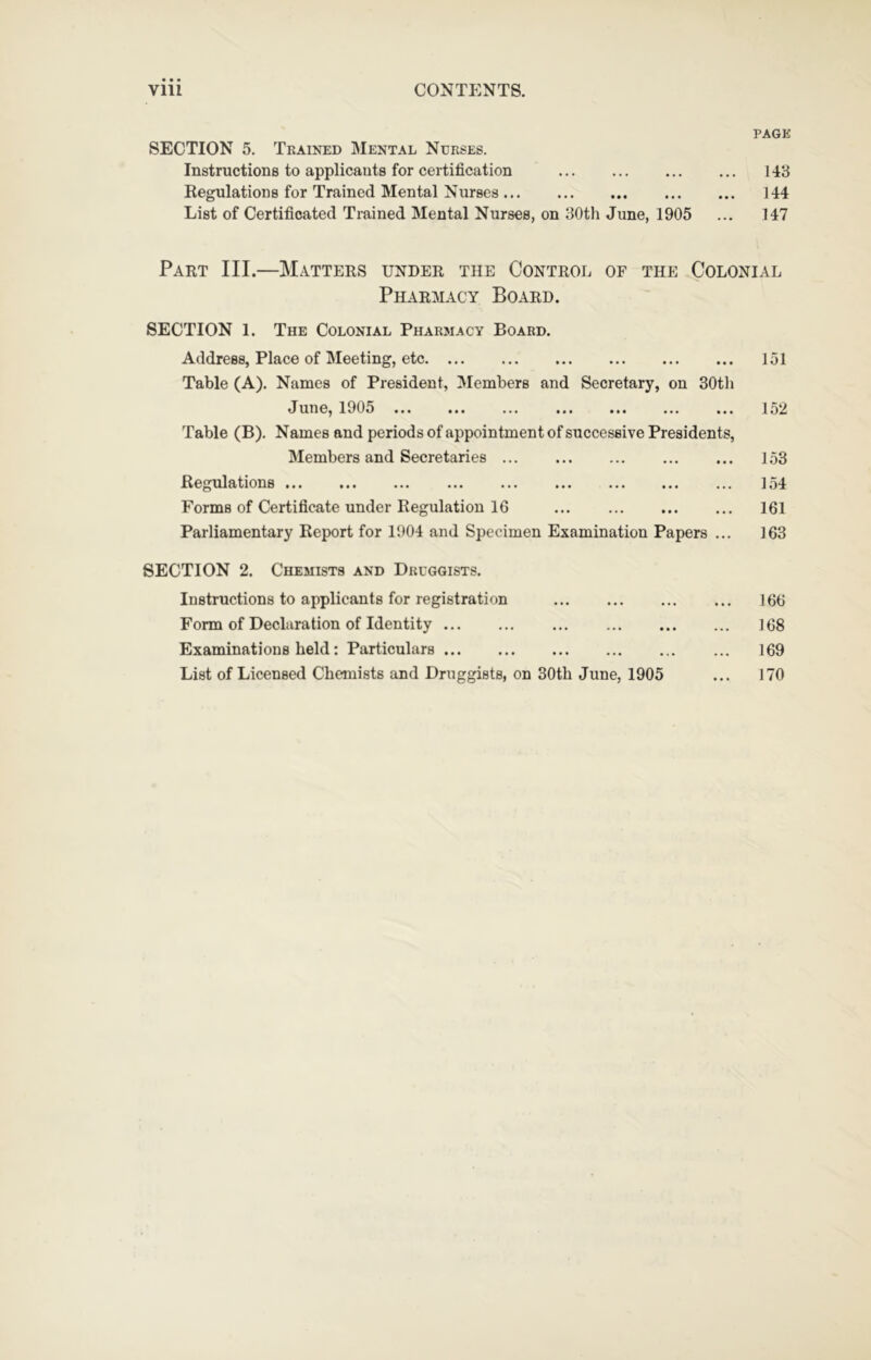 PAGE SECTION 5. Trained Mental Nurses. Instructions to applicants for certification 143 Regulations for Trained Mental Nurses 144 List of Certificated Trained Mental Nurses, on 30th June, 1905 ... 147 Part III.—Matters under the Control of the Colonial Pharmacy Board. SECTION 1. The Colonial Pharmacy Board. Address, Place of Meeting, etc 151 Table (A). Names of President, Members and Secretary, on 30th June, 1905 ... ... ... ... ... 152 Table (B). Names and periods of appointment of successive Presidents, Members and Secretaries 153 Regulations 154 Forms of Certificate under Regulation 16 161 Parliamentary Report for 1004 and Specimen Examination Papers ... 163 SECTION 2. Chemists and Druggists. Instructions to applicants for registration 166 Form of Declaration of Identity 168 Examinations held: Particulars 169 List of Licensed Chemists and Druggists, on 30th June, 1905 ... 170