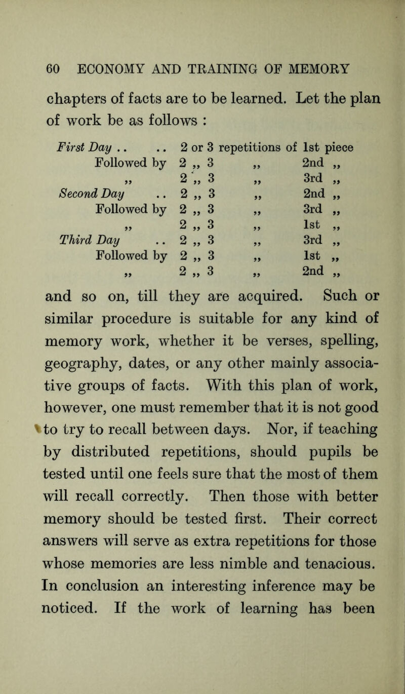 chapters of facts are to be learned. Let the plan of work be as follows : First Day .. .. 2 or 3 repetitions of 1st piece Followed by 2 „ 3 2nd „ 2 ,, 3 >> 3rd „ Second Day 2 ,, 3 2nd „ Followed by 2 „ 3 >> 3rd „ 2 „ 3 1st „ Third Day 2 „ 3 >> 3rd „ Followed by 2 „ 3 >> 1st „ 9> 2 „ 3 >> 2nd „ and so on, till they are acquired. Such or similar procedure is suitable for any kind of memory work, whether it be verses, spelling, geography, dates, or any other mainly associa- tive groups of facts. With this plan of work, however, one must remember that it is not good %to try to recall between days. Nor, if teaching by distributed repetitions, should pupils be tested until one feels sure that the most of them will recall correctly. Then those with better memory should be tested first. Their correct answers will serve as extra repetitions for those whose memories are less nimble and tenacious. In conclusion an interesting inference may be noticed. If the work of learning has been