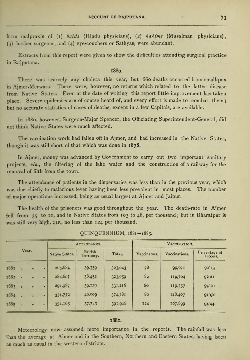 frcm malpraxis of (i) baids (Hindu physicians), (2) hakims (Musalman physicians), (3) barber surgeons, and (4) eye-couchers or Sathyas, were abundant. Extracts from this report were given to show the difficulties attending surgical practice in Rajputana. 1880. There was scarcely any cholera this year, but 660 deaths occurred from small-pox in Ajmer-Merwara. There were, however, no returns which related to the latter disease from Native States. Even at the date of writing this report little improvement has taken place. Severe epidemics are of course heard of, and every effort is made to combat them; but no accurate statistics of cases of deaths, except in a few Capitals, are available. In 1880, however, Surgeon-Major Spencer, the Officiating Superintendent-General, did not think Native States were much affected. The vaccination work had fallen off in Ajmer, and had increased in the Native States, though it was still short of that which was done in 1878. In Ajmer, money was advanced by Government to carry out two important sanitary projects, viz., the filtering of the lake water and the construction of a railway for the removal of filth from the town. The attendance of patients in the dispensaries was less than in the previous year, which was due chiefly to malarious fever having been less prevalent in most places. The number of major operations increased, being as usual largest at Ajmer and Jaipur. The health of the prisoners was good throughout the year. The death-rate in Ajmer fell from 35 to 10, and in Native States from 103 to 48, per thousand; but in Bharatpur it was still very high, viz., no less than 124 per thousand. QUINQUENNIUM, 1881-1885. Year. Attendance. Vaccination. Native States. British Territory. Total. Vaccinators. Vaccinations. Percentage of success. l8Sl . 263,684 39.359 303,043 78 99,671 90-13 1882 . 284,607 38,452 323,059 82 119,704 92-21 1883 . . 291,987 39,229 331,216 80 ”9,757 94-10 1884 . 334.772 40,009 374,781 80 148,407 91-98 1885 . 354.165 37,743 391,908 I24 167,899 94'44 I88l. Meteorology now assumed more importance in the reports. The rainfall was less than the average at Ajmer and in the Southern, Northern and Eastern States, having been as much as usual in the western districts.