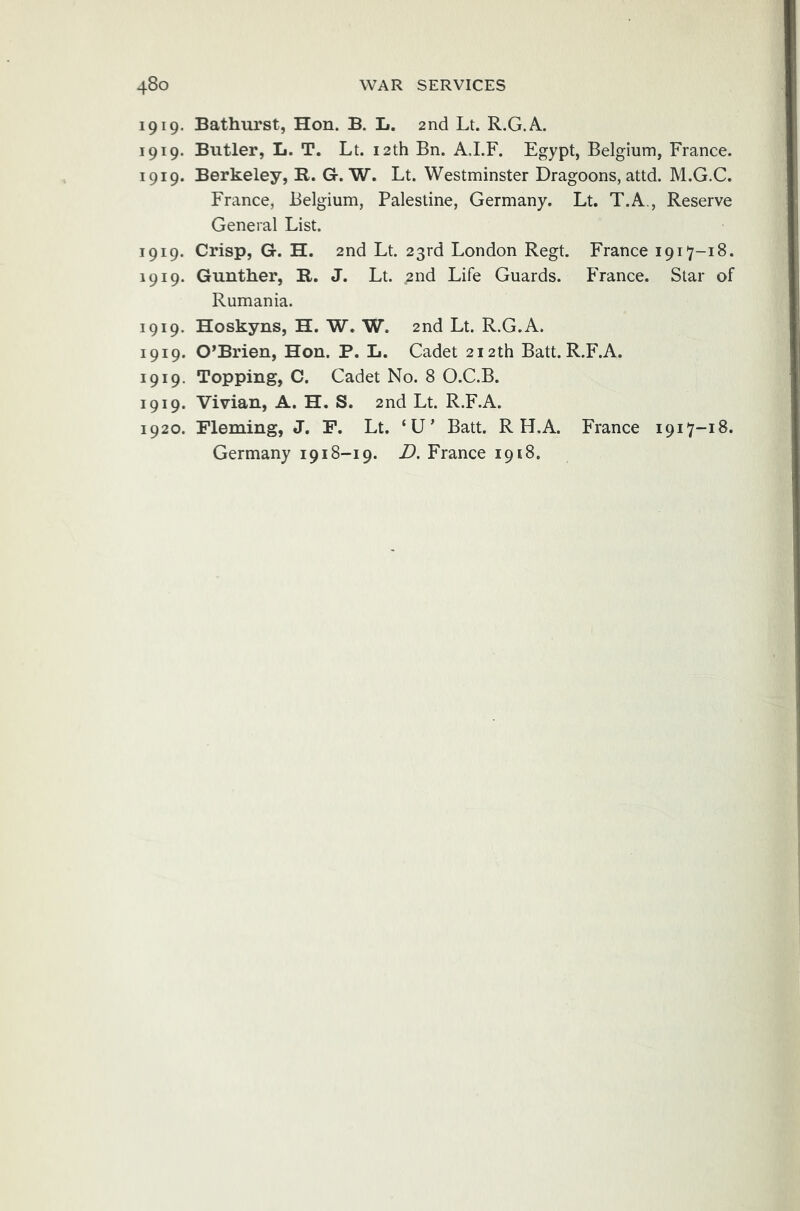 1919. Bathurst, Hon. B. L. 2nd Lt. R.G.A. 1919. Butler, L. T. Lt. 12th Bn. A.I.F. Egypt, Belgium, France. 1919. Berkeley, R. G. W. Lt. Westminster Dragoons, attd. M.G.C. France, Belgium, Palestine, Germany. Lt. T.A., Reserve General List. 1919. Crisp, G. H. 2nd Lt. 23rd London Regt. France 1917-18. 1919. Gunther, R. J. Lt. ,2nd Life Guards. France. Star of Rumania. 1919. Hoskyns, H. W. W. 2nd Lt. R.G.A. 1919. O’Brien, Hon. P. L. Cadet 212th Batt. R.F.A. 1919. Topping, C. Cadet No. 8 O.C.B. 1919. Vivian, A. H. S. 2nd Lt. R.F.A. 1920. Pleming, J, P. Lt. ‘U’ Batt. R H.A. France 1917-18. Germany 1918-19. D. France 1918.