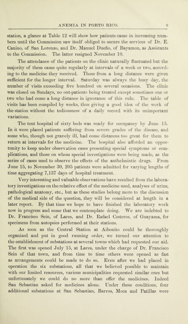 station, a glance at Table 12 will show how patients came in increasing num- bers until the Commission saw itself obliged to secure the services of Dr. E. Canino, of San Lorenzo, and Dr. Manuel Dueno, of Bayamon, as Assistants to the Commission. The latter resigned November 10. The attendance of the patients on the clinic naturally fluctuated but the majority of them came quite regularly at intervals of a week or two, accord- ing to the medicine they received. Those from a long distance were given sufficient for the longer interval. Saturday was always the busy day, the number of visits exceeding five hundred on several occasions. The clinic was closed on Sundays, no out-patients l)eing treated except sometimes one or two who had come a long distance in ignorance of tliis rule. The table of visits has been compiled by weeks, thus giving a good idea of the work of the station without the tediousness of a daily record with its unimportant variations. The tent hospital of sixty beds was ready for occupancy l)y June 15. In it were placed patients suffering from severe grades of tlie disease, and some who, though not gravely ill, had come distances too great for them to return at intervals for the medicine. Tlie lu)S})ital also atforded an oppor- tunity to keep under observation cases })resenting special sym})toms or com- plications, and those on whom special investigations were being made, as the series of cases used to observe the effects of the anthelmintic drugs. From June 15, to November 30, 205 patients were admitted for varying lengths of time aggregating 7,137 days of hospital treatment. Very interesting and valuable observations have resulteil from the labora- tory investigations on the relative effect of the medicine used, analyses of urine, pathological anatomy, etc., but as these studies belong more to the discussion of the medical side of the question, they will be considered at length in a later report. By that time we hope to have finished the laboratory work now in progress and some that we contemplate doing. We are indebted to Dr. Francisco Sein, of Lares, and Dr. Rafael Cesteros, of Guayama, for specimens from autopsies performed at their stations. As soon as the Central Station at Aibonito could be thoroughly organized and put in good running order, we turned our attention to the establishment of substations at several towns which had requested our aid. The first was opened July 15, at Lares, under the charge of Dr. Francisco Sein of that town, and from time to time others were opened as fast as arrangements could be made to do so. Even after we had jdaced in operation the six substations, all that we believed }>ossible to maintain with our limited resources, various municipalities requested similar ones but unfortunately we eould do no more than offer the medicines. Indeed San Sebastian asked for medicines alone. Under these conditions, four additional substations at San Sebastian, Barros, Moca and Patillas were