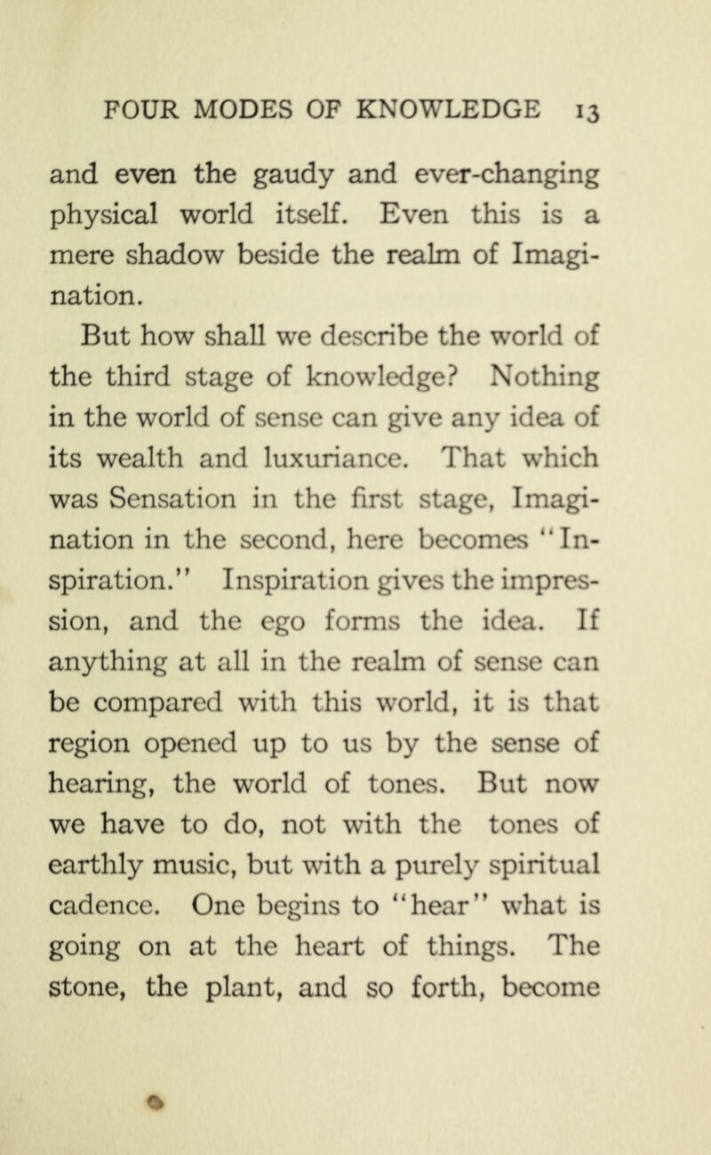 and even the gaudy and ever-changing physical world itself. Even this is a mere shadow beside the realm of Imagi- nation. But how shall we describe the world of the third stage of knowledge? Nothing in the world of sense can give any idea of its wealth and luxuriance. That which was Sensation in the first stage, Imagi- nation in the second, here becomes “In- spiration.” Inspiration g^ves the impres- sion, and the ego forms the idea. If anything at all in the realm of sense can be compared with this world, it is that region opened up to us by the sense of hearing, the world of tones. But now we have to do, not with the tones of earthly music, but with a purely spiritual cadence. One begins to “hear” what is going on at the heart of things. The stone, the plant, and so forth, become