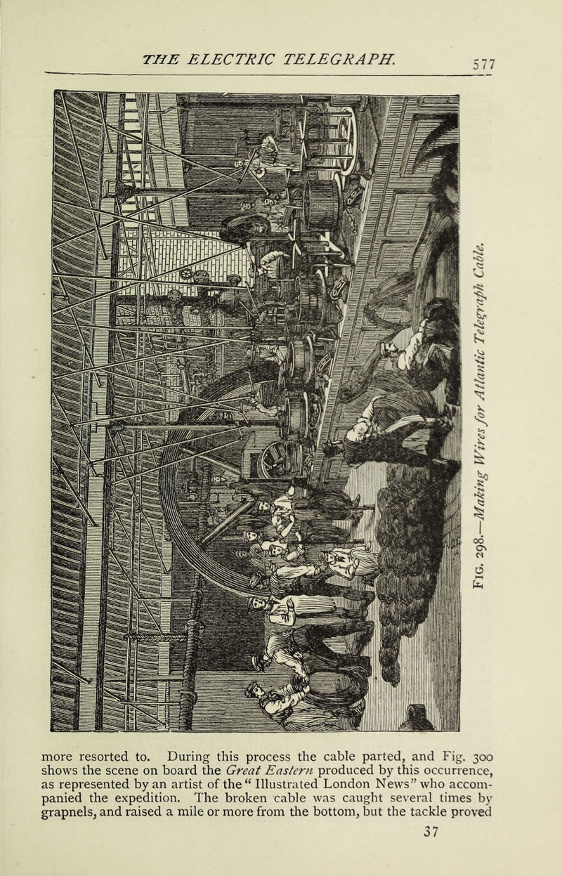 more resorted to. During this process the cable parted, and Fig. 300 shows the scene on board the Great Eastern produced by this occurrence, as represented by an artist of the“ Illustrated London News” who accom- panied the expedition. The broken cable was caught several times by grapnels, and raised a mile or more from the bottom, but the tackle proved 37 Fig. 298.—Making Wires for Atlantic TeLgraph Cable.